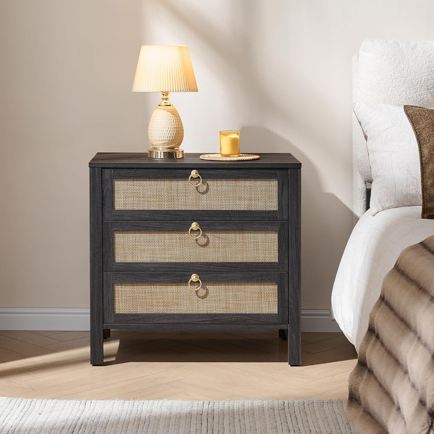 SICOTAS Night Stand with Drawers, Large Rattan Bedside Table with Golden Handle, 3 Drawers Nightstand Tall End Table Side Table Boho Nightstand for Bedroom