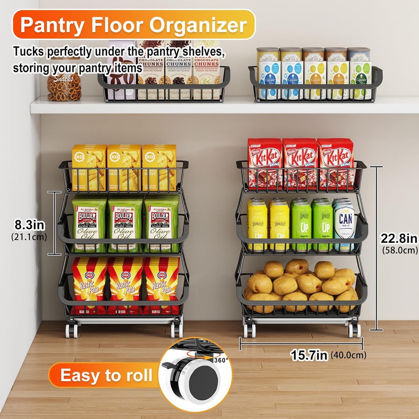 3-Tier Rolling Pantry Cart with Wheels, Stackable Wire Storage Floor Organizer for Kitchen Pantry Snack Shelves, Fruit Basket Stand, Vegetable Storage Rack for Snacks Fruits Onion Potato