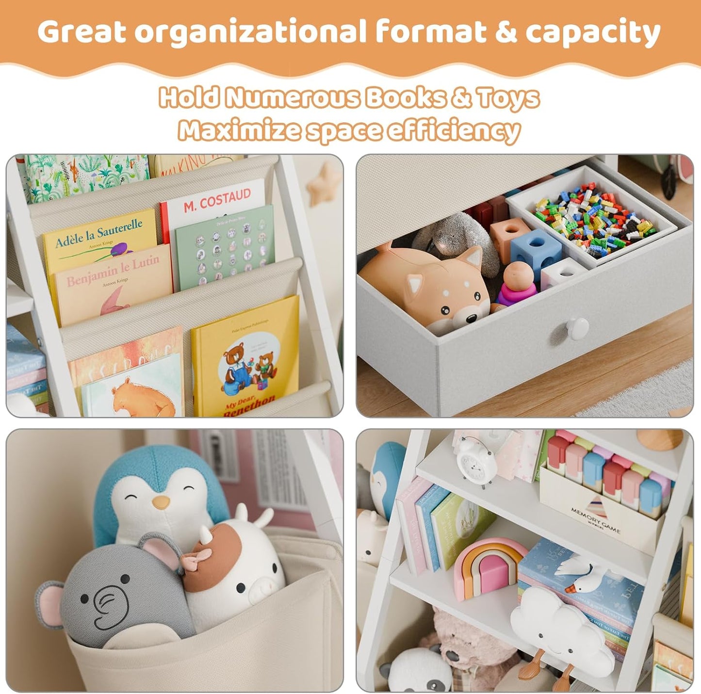 Kids Bookshelf and Toy Storage - Kids Book Shelf for Kids Rooms, Toddler Bookshelf Baby Bookcase for Nursery, Montessori Toy Organizer, White