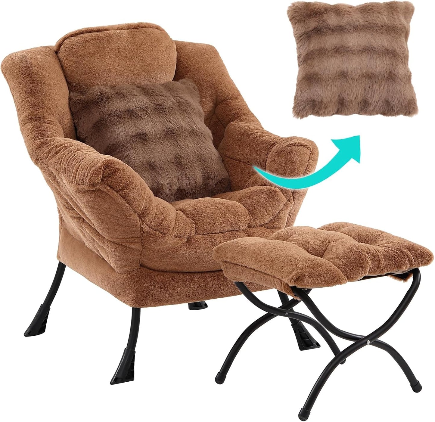 Lazy Chair with Ottoman, Comfy Reading Chair with Footstool & Throw Pillow Modern Lounge Accent Chair with Armrests & Side Pocket for Living Room, Bedroom, Dorm Room, Office, Plush Brown