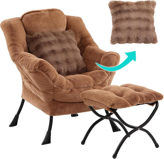 Lazy Chair with Ottoman, Comfy Reading Chair with Footstool & Throw Pillow Modern Lounge Accent Chair with Armrests & Side Pocket for Living Room, Bedroom, Dorm Room, Office, Plush Brown