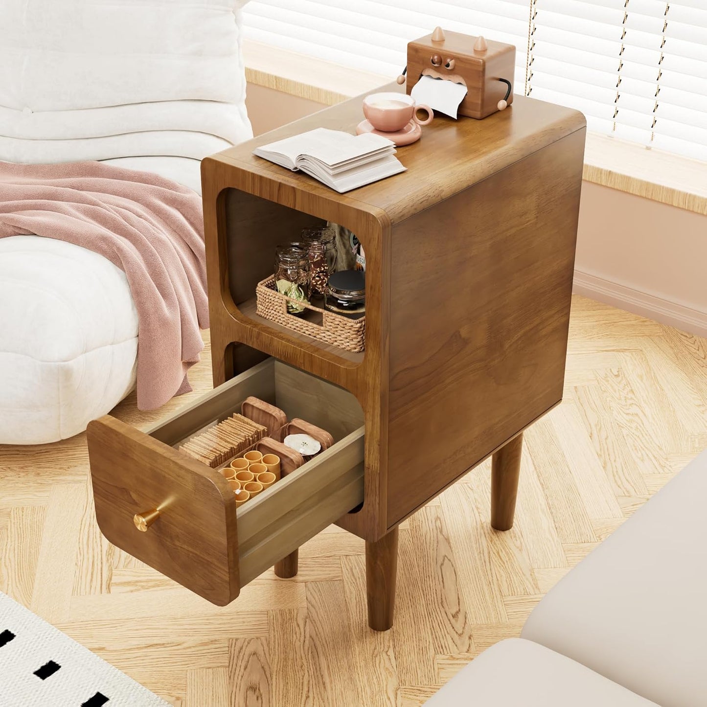 Narrow Nightstand, Solid Wood Night Stand with Drawers, Walnut Mid Century Modern Nightstand, Small Beside Table with Open Storage Shelf for Bedroom (10 inch)