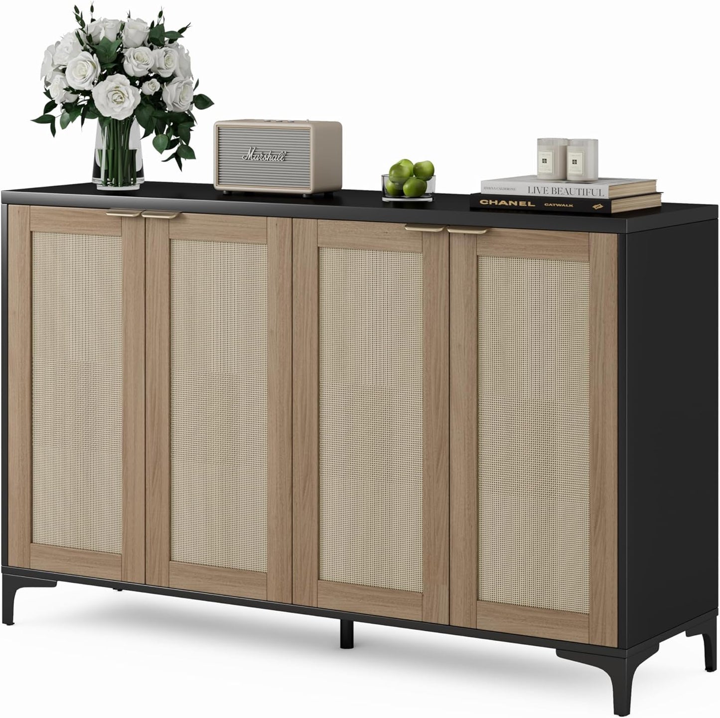 Sideboard Buffet Cabinet with Storage, 4 Doors Rattan Kitchen Cabinet with Adjustable Shelf, Accent Sideboard Entryway Table for Living Room, Black