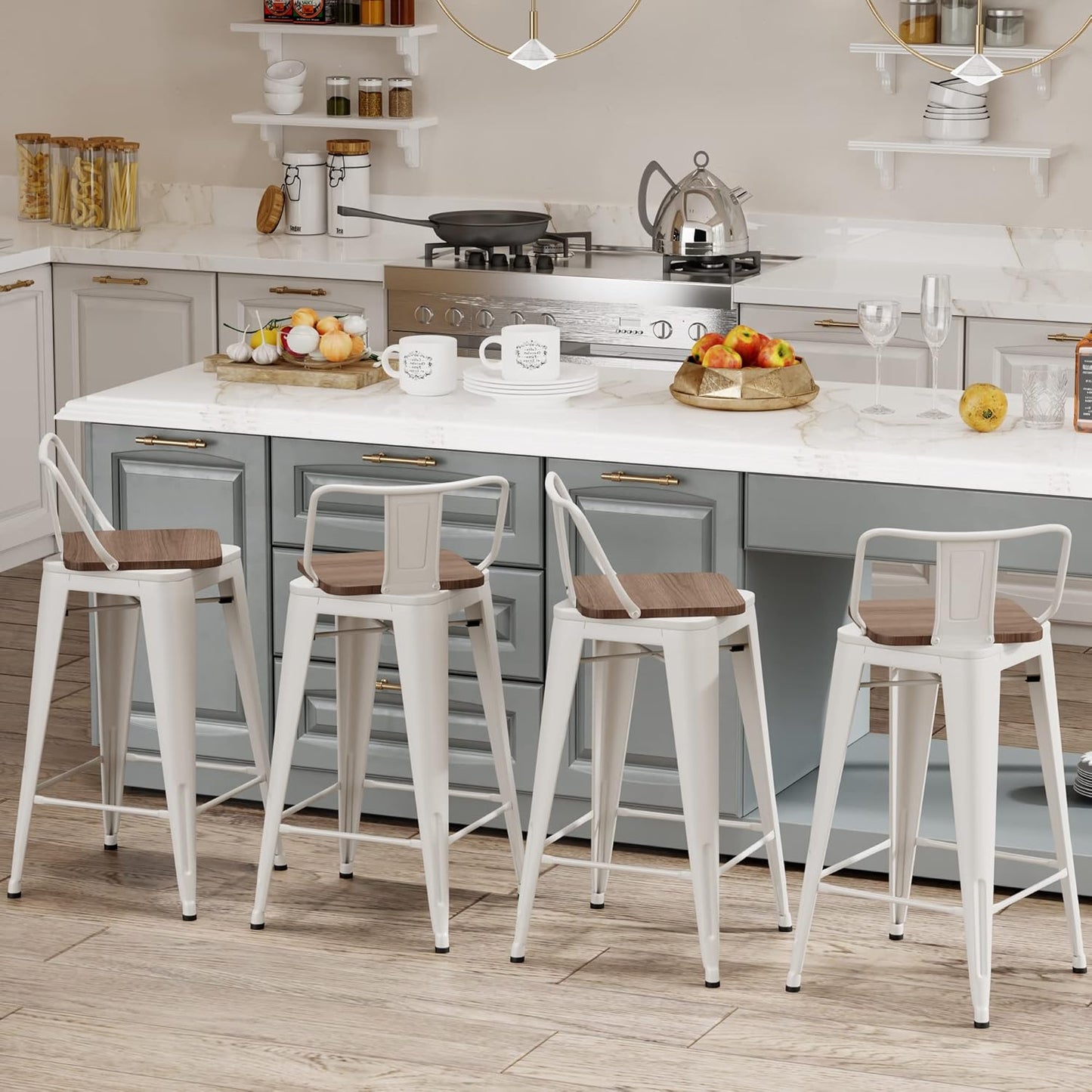 26 Inch Swivel Bar Stools Set of 4 with Backs Counter Height Industrial Metal Barstools Island Bar Chairs for Home Kitchen Dining Room (Swivel 26 inch, White Wooden)