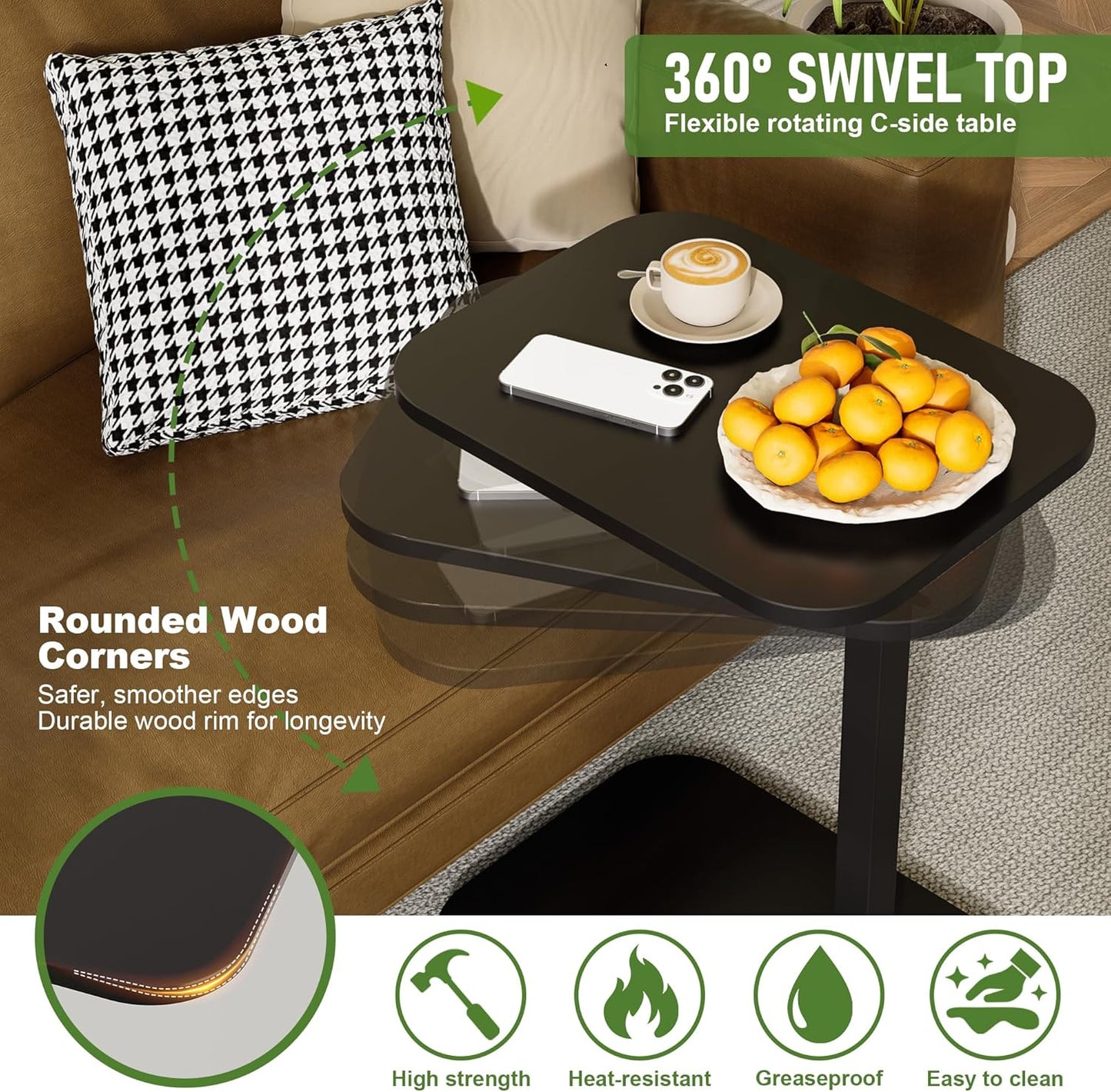 C Shaped End Table, Adjustable Height Couch Side Table, Horizontal 360°Swivel Small Couch Side Tables That Slide Under, C Shaped End Table TV Tray Table for Couch(Black)