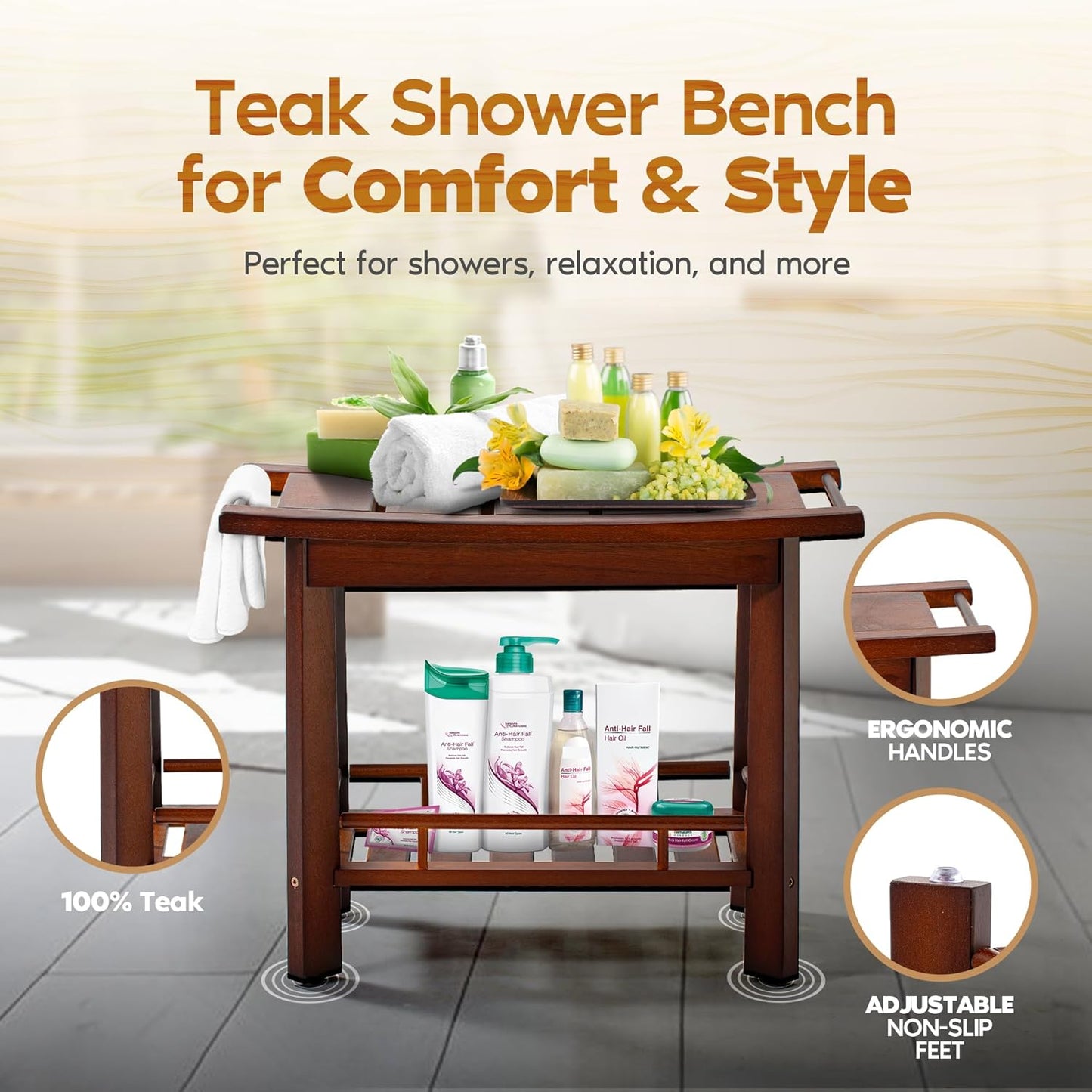 21" Teak Shower Bench for Inside – Luxury Spa-Style Comfort, FSC Certified Durable Teak Wood, Water-Resistant, Ergonomic Seat, Anti-Skid Stability and Enclosed Storage Shelf, 350 lbs Capacity