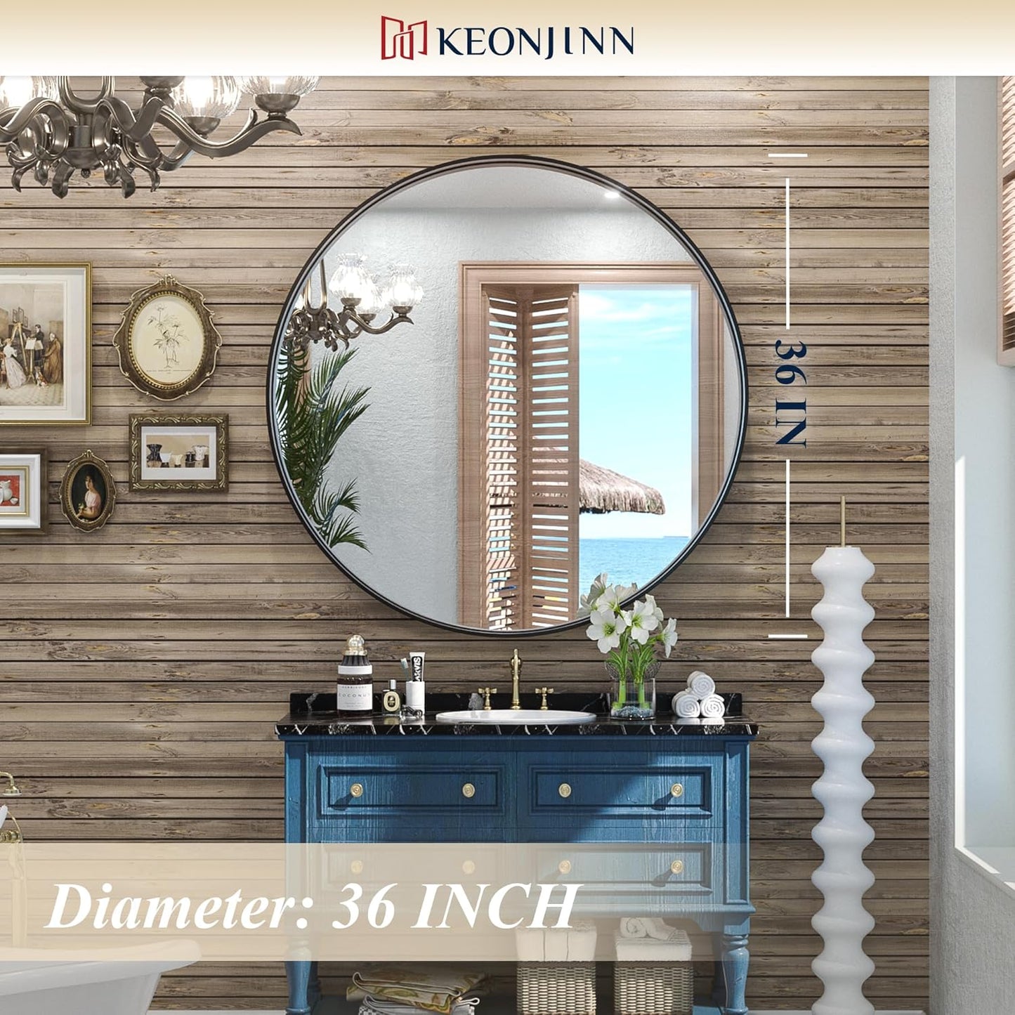 Keonjinn Black Round Mirror 36 Inch, Brushed Black Framed Circle Mirror for Bathroom, Aluminum Alloy Metal Frame, Modern Farmhouse Decorative Wall Mirror for Entryway, Living Room