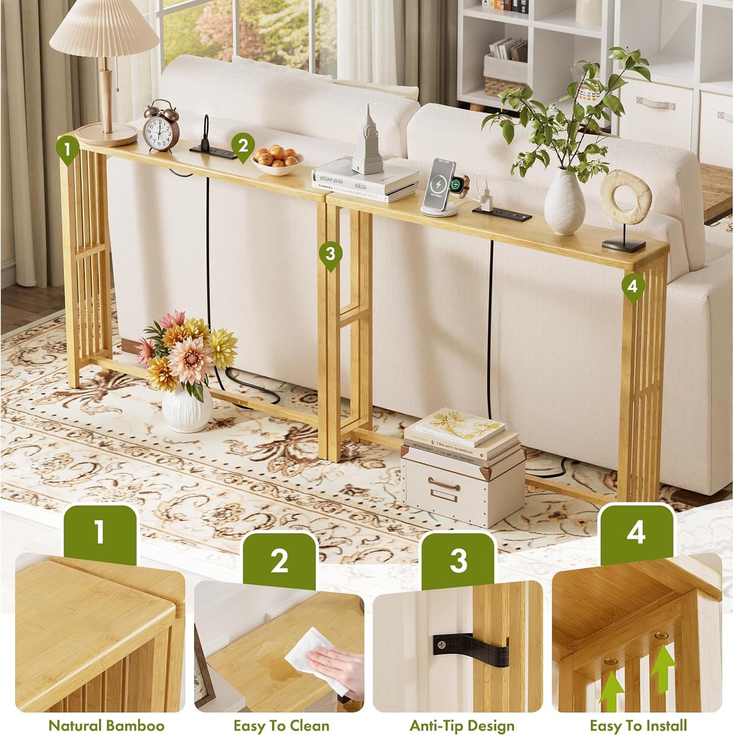 2 Pack Narrow Console Table Bamboo, 78.8" Long Entryway Tables with 2 Power Outlets and USB-C Ports, Couch Table Behind Sofa for Display, Hallway, Living Room, Bedroom, Foyer, Natural