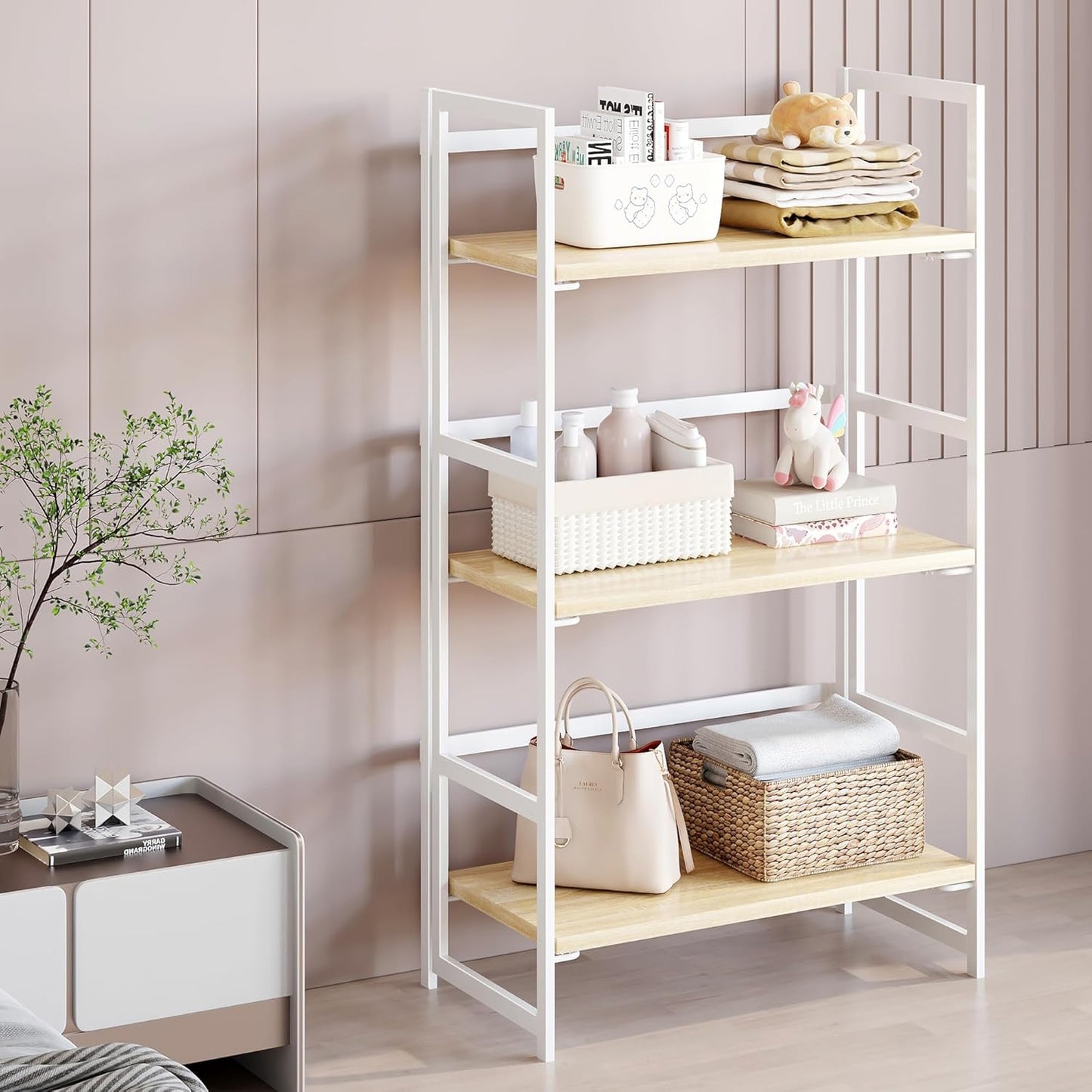 BHG Vintage Multifunctional Folding Bookshelf, No-Assembly Plant Stand Storage Rack Shelves for Home Office (White, 3-Tier)