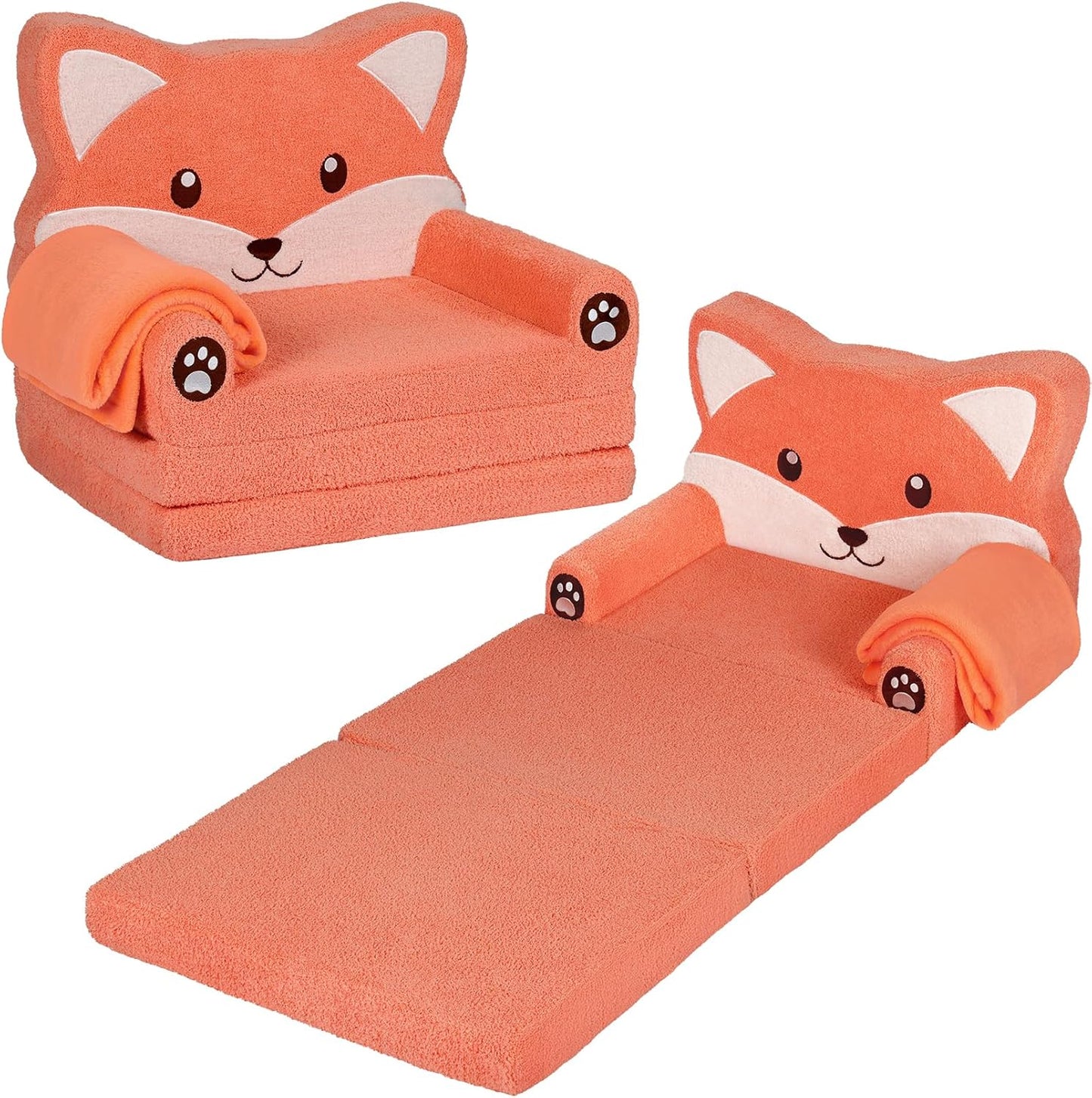 Kids Couch, 2-in-1 Soft Toddler Couch Fold Out with Blanket, Chair Comfy, Foldable Convertible Plush Sofa to Lounger, Gifts for Kids Girl Boys, Fox