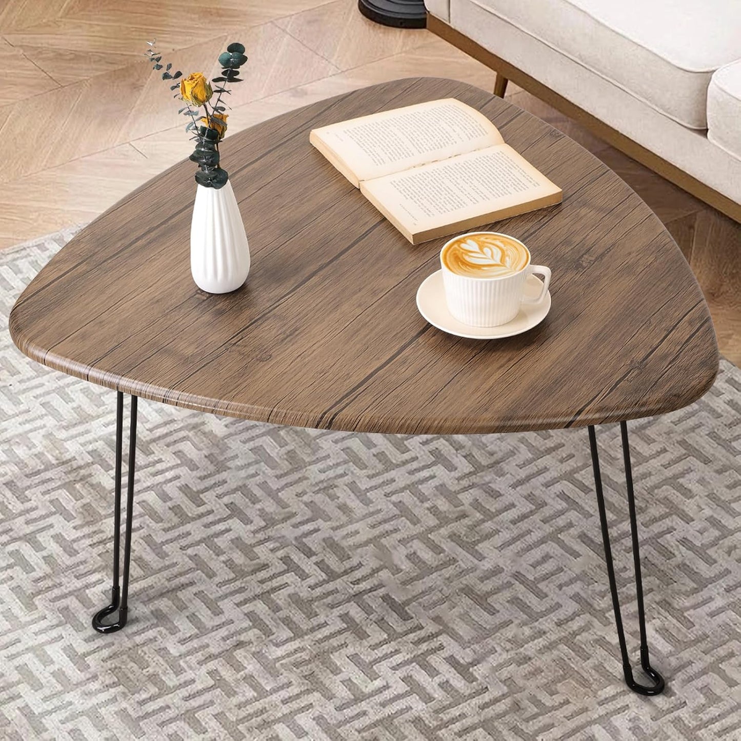 Folding Coffee Table for Living Room Small Wooden Folding Tables with Steel Legs Light Brown Triangle Coffee Table Mid Century Modern Floor Desk Low Table for Small Spaces Home Office