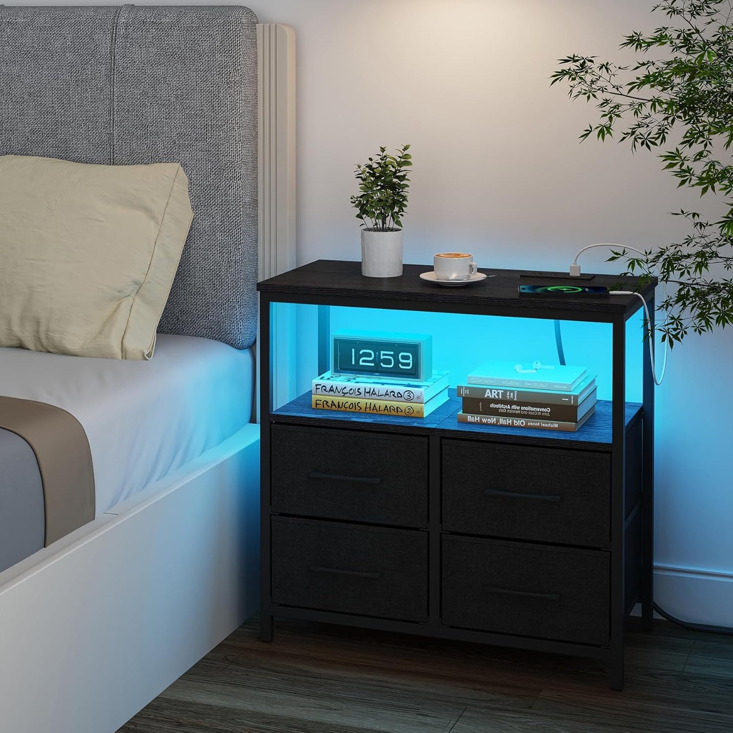 TUTOTAK LED Night Stand with Charging Station, Large Nightstand with USB and Type-C Port, Bedside Table with Cloth Drawers, End Table for Livingroom, Bedroom, Black TB01BK081L