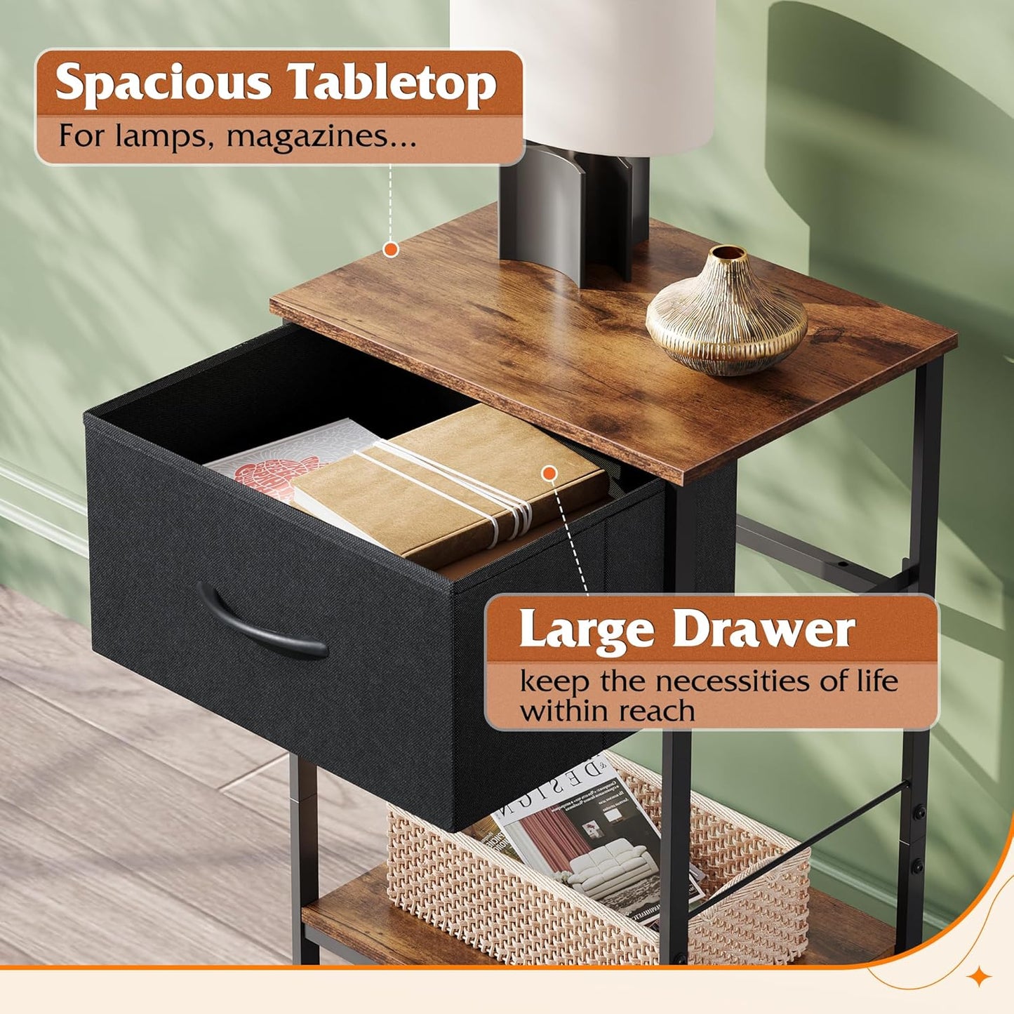 WLIVE Nightstand Set of 2, End Table with Fabric Storage Drawer and Open Wood Shelf, Bedside Furniture with Steel Frame, Side Table for Bedroom, Dorm, Black and Rustic Brown, 25.03" Height