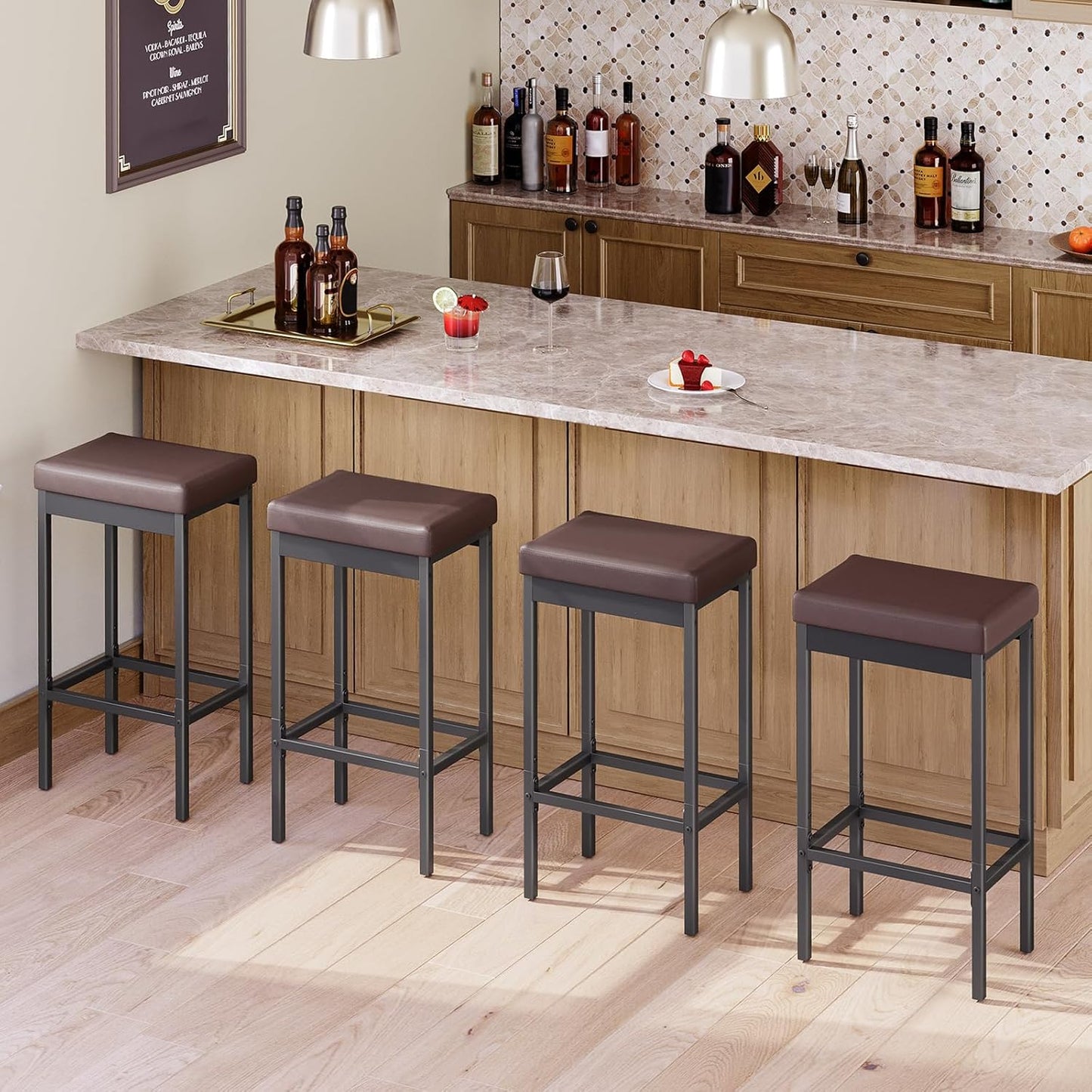 HOOBRO Bar Stools, Set of 2 Barstools, 24.8-Inch Height Stools, Breakfast Barstools, Kitchen Bar Chairs, 2" Thick Upholstery, for Kitchen, Dining Room, Cafe, Bar Counter, Brown and Black BC21BY01