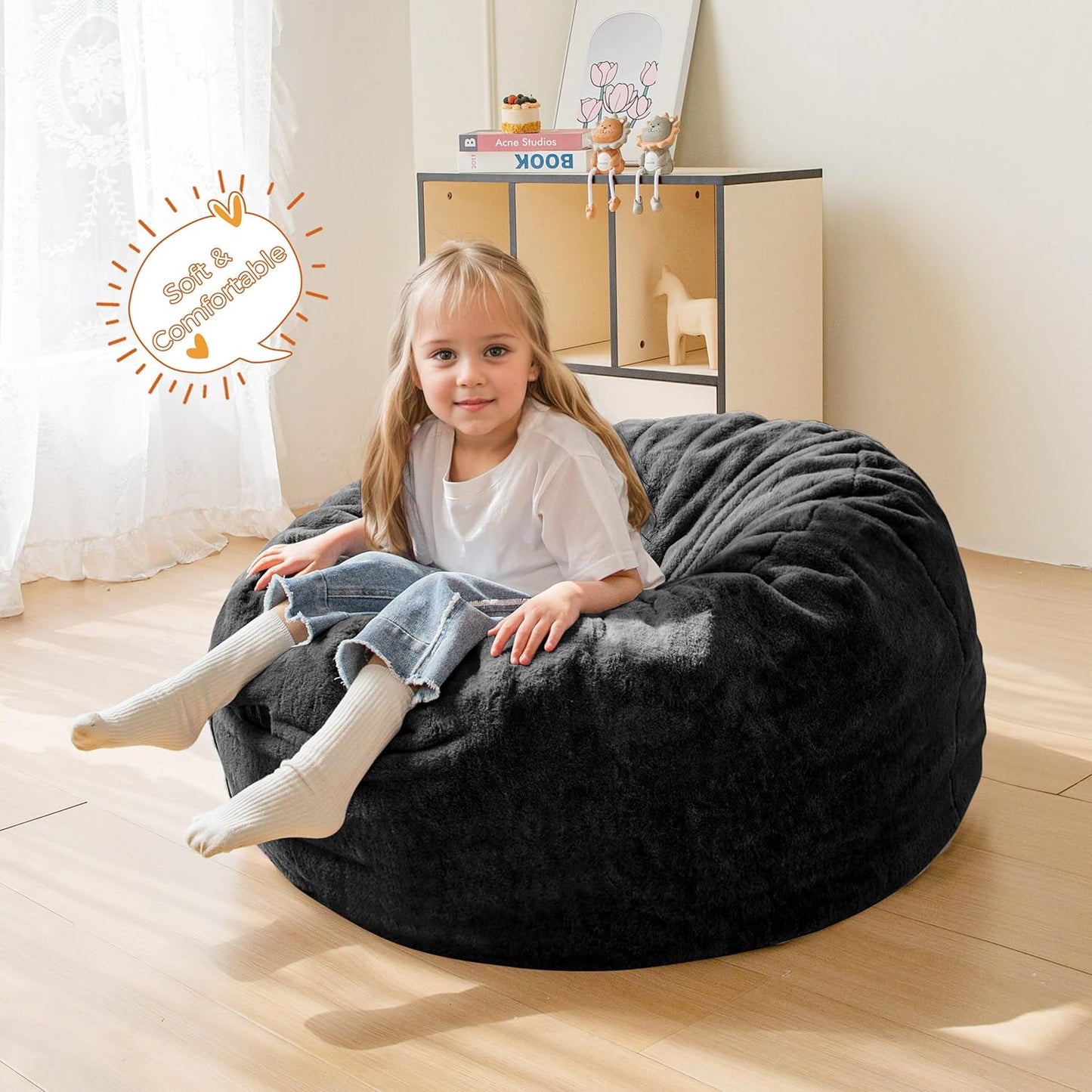 MAXYOYO Kids Bean Bag Chair, Stuffed Faux Fur Bean Bag for Toddler, Ultra Soft Floor Sofa with High-Density Foam Filling, Lazy Chair for Living Room, Playroom, Nursery Room