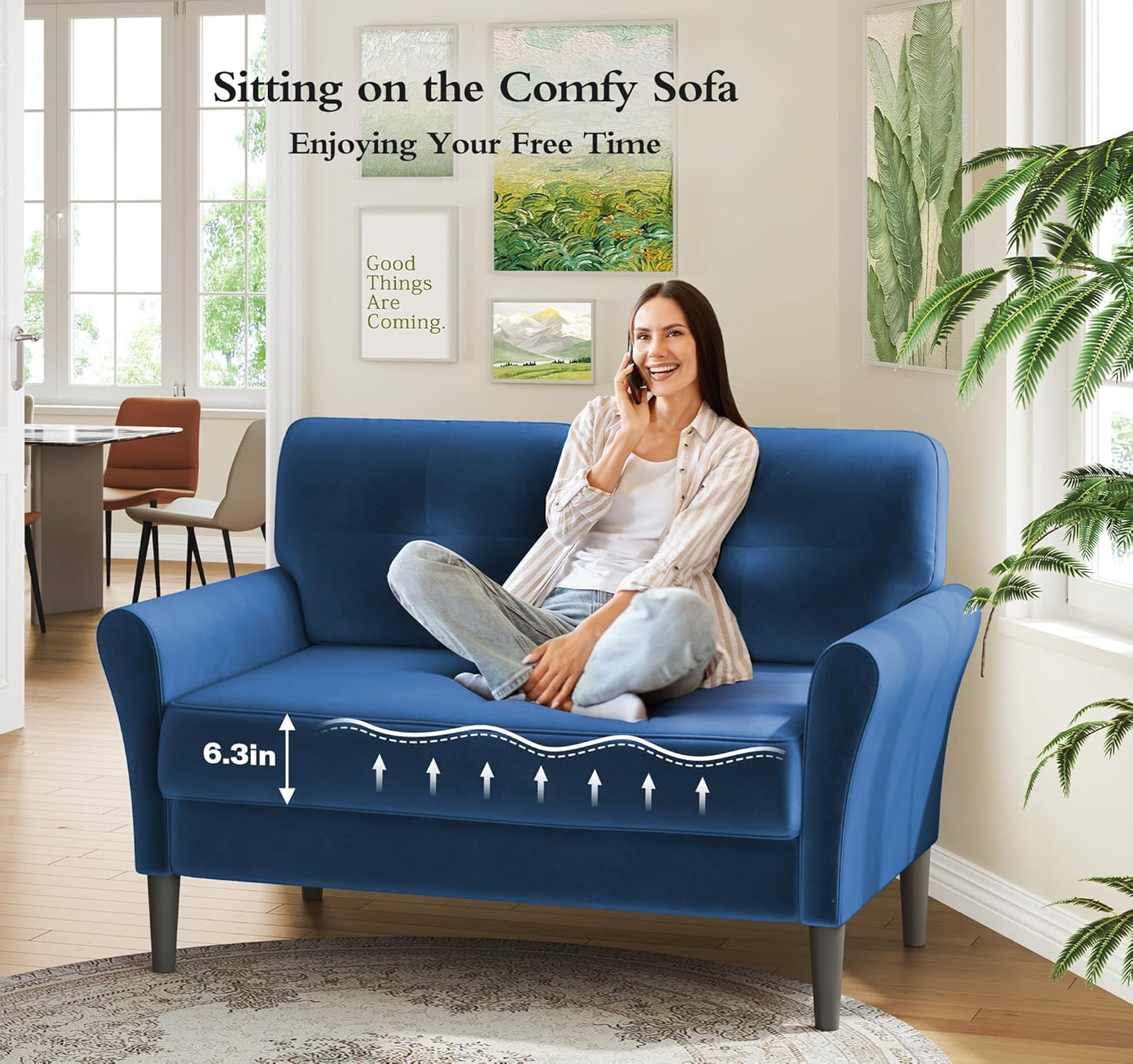 Small Sofa Couch, 48" Loveseat Sofa, Soft Velvet Love Seat Couches, Small Couch for Bedroom with 21" Deep Seat, Comfy Couches for Living Room, Tool-Free Setup Sofas for Living Room, Dark Blue