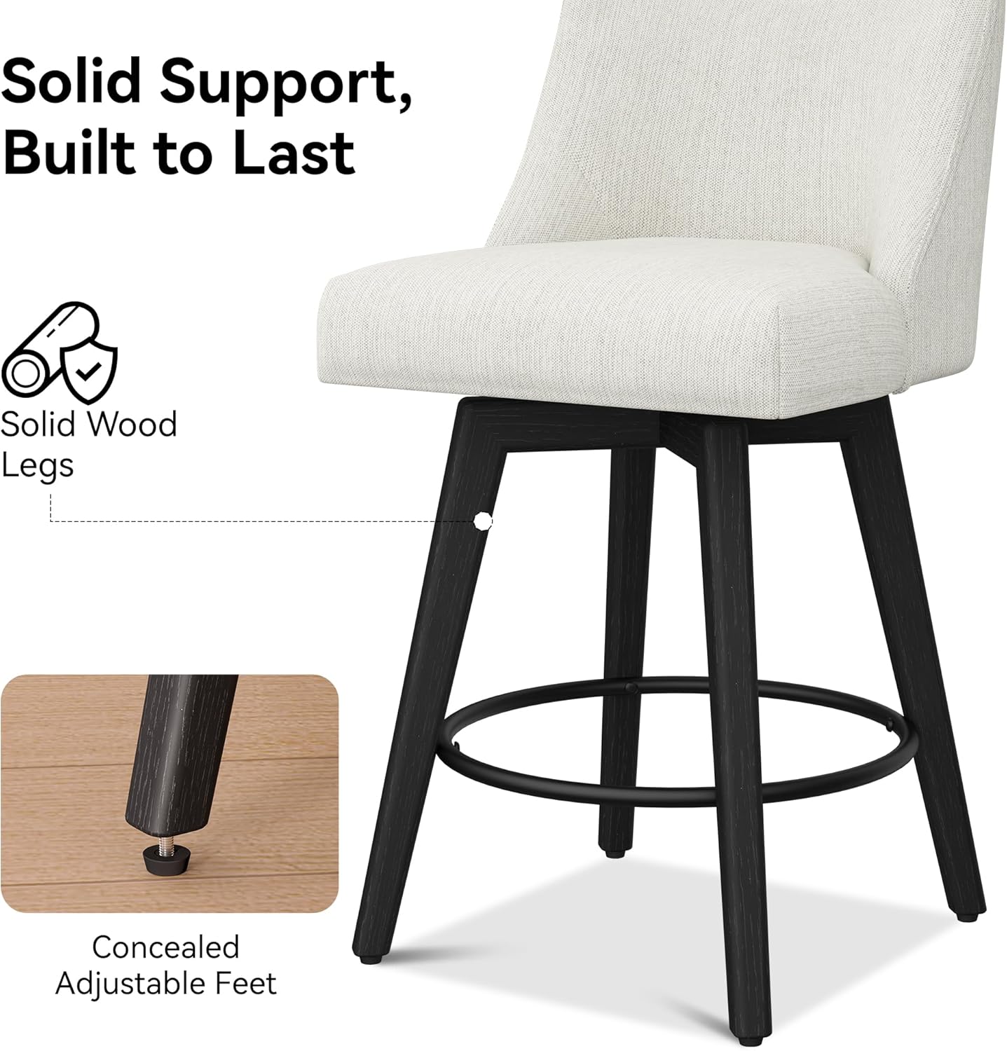 Counter Height Bar Stools Set of 3, Modern Swivel Barstools with Back and Wood Legs, Linen Fabric Upholstered Bar Chairs, 26" H Kitchen Counter Stools, Kitchen Island Home Bar, Ivory