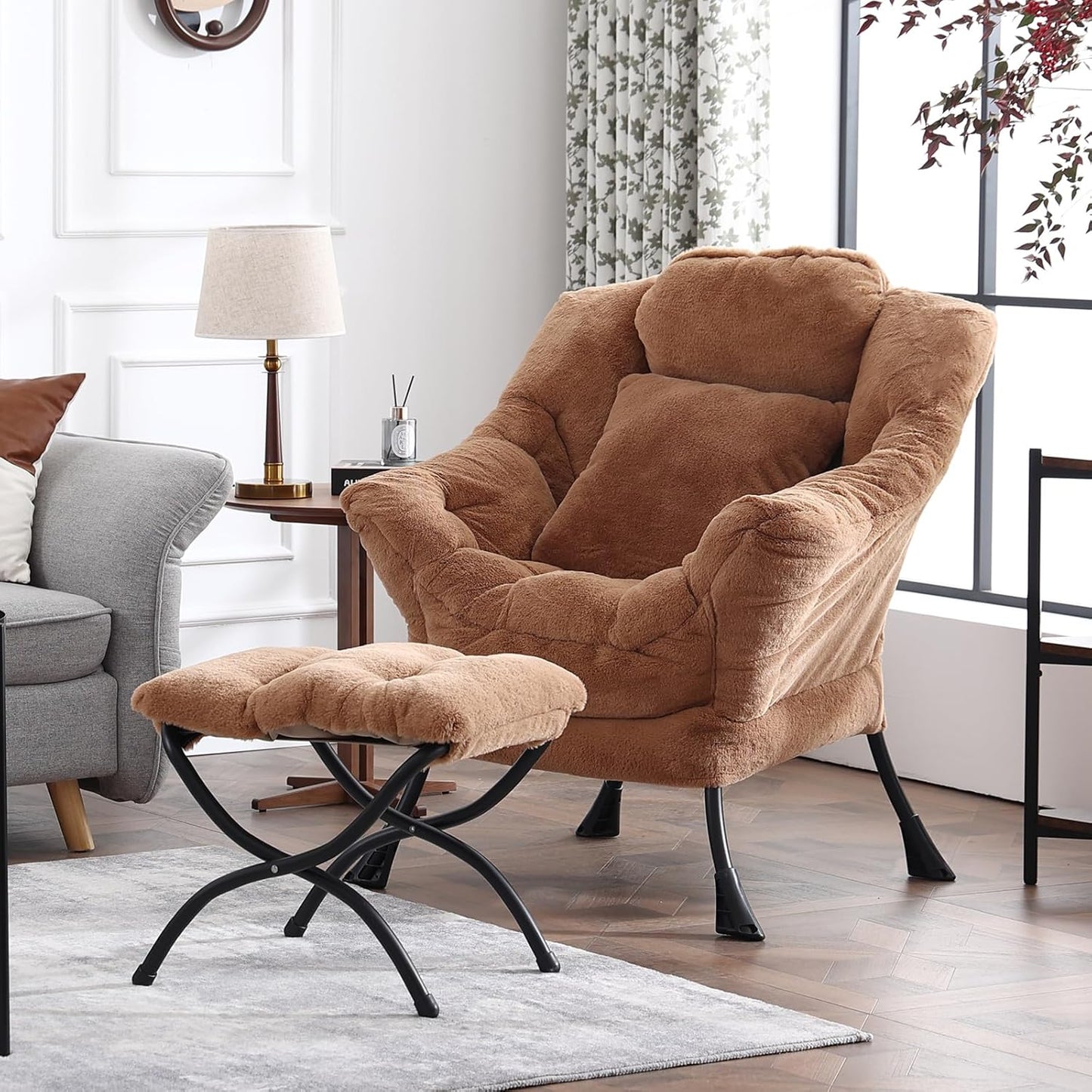 Lazy Chair with Ottoman, Reading Chair with a Pillow, Leisure Sofa Armchair with Ottoman, Large Accent Lounge Chair for Bedroom, Living Room, Dorm Room, Plush Brown