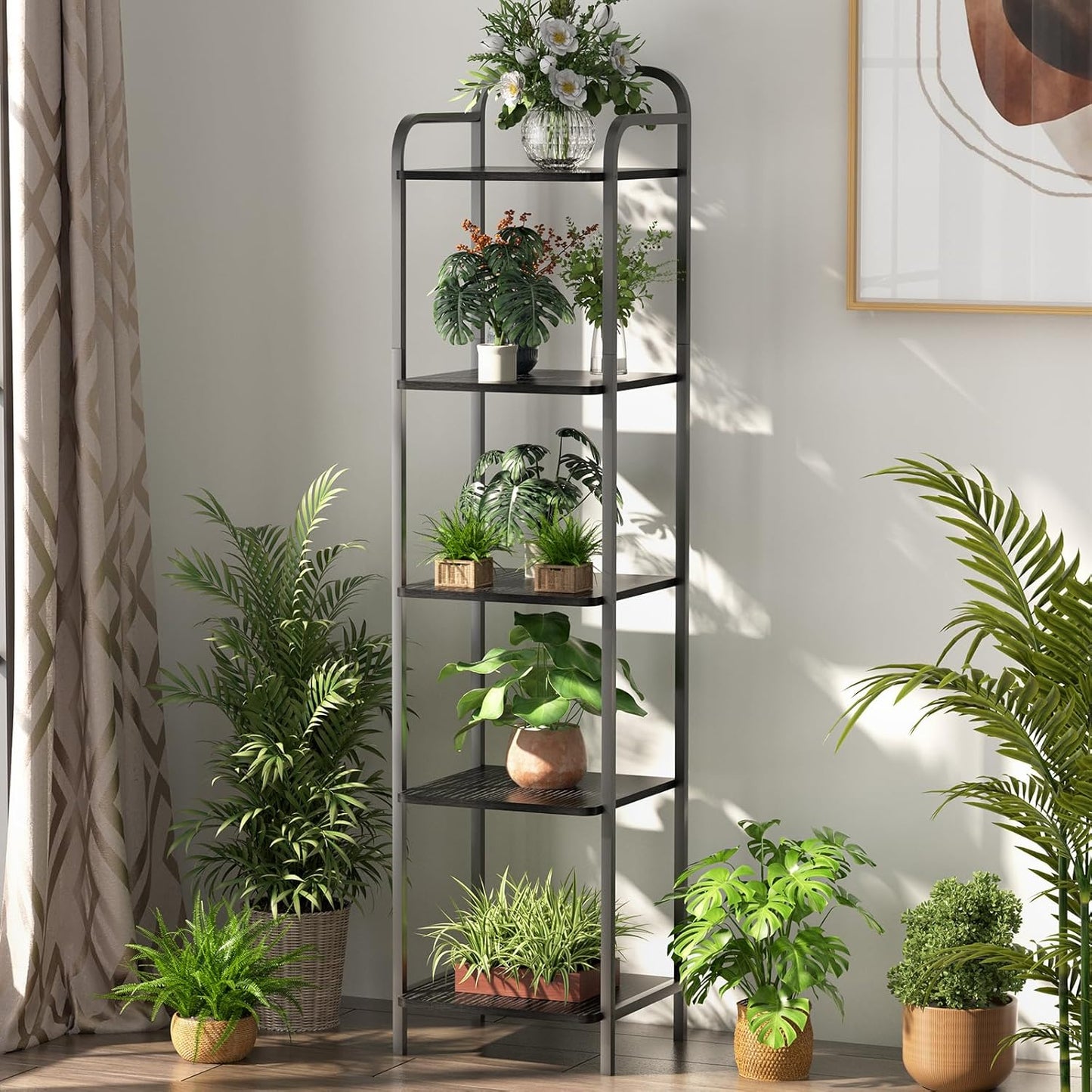 Book Shelf, 5 Tier Bookshelf, Bookcase with 5 Shelves, Storage Rack Organizer, Corner Wood Storage Shelf with Metal Frame for Bedroom, Living Room, Black