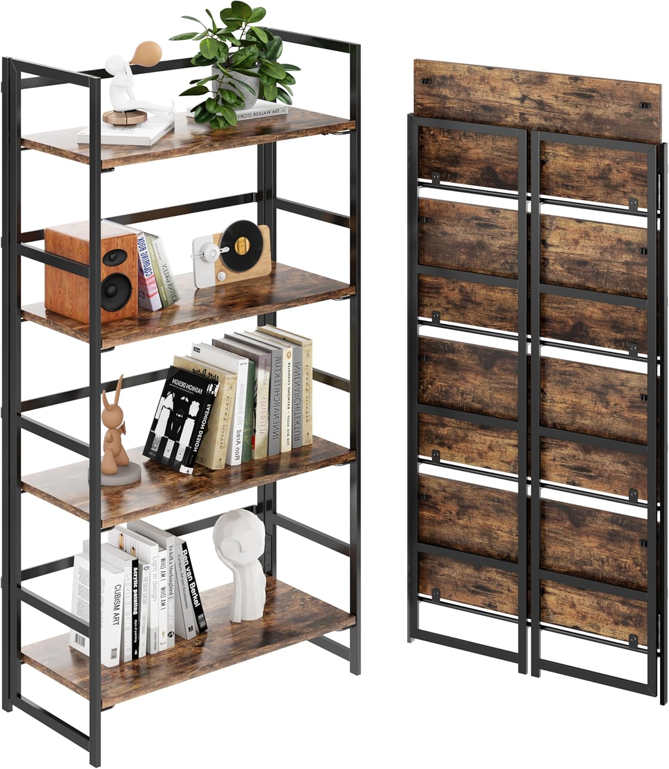 BHG Vintage Multifunctional Folding Bookshelf, No-Assembly Plant Stand Storage Rack Shelves for Home Office (Fire, 4-Tier)