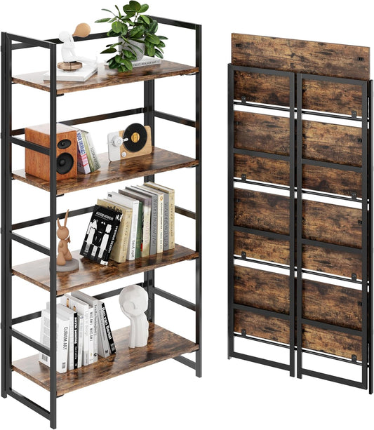 BHG Vintage Multifunctional Folding Bookshelf, No-Assembly Plant Stand Storage Rack Shelves for Home Office (Fire, 4-Tier)