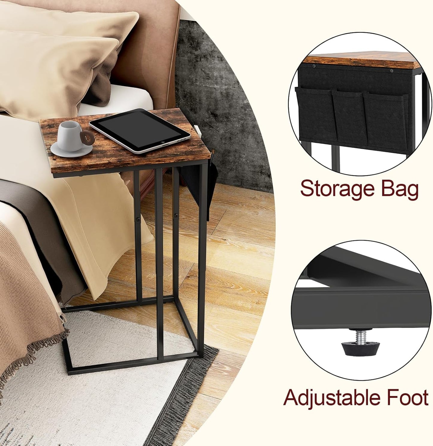 C Shaped End Table for Couch, Small Side Table for Sofa With Storage Bag, TV Tray for Living Room, Bedside Table for Bedroom, Snack End Table, Brown