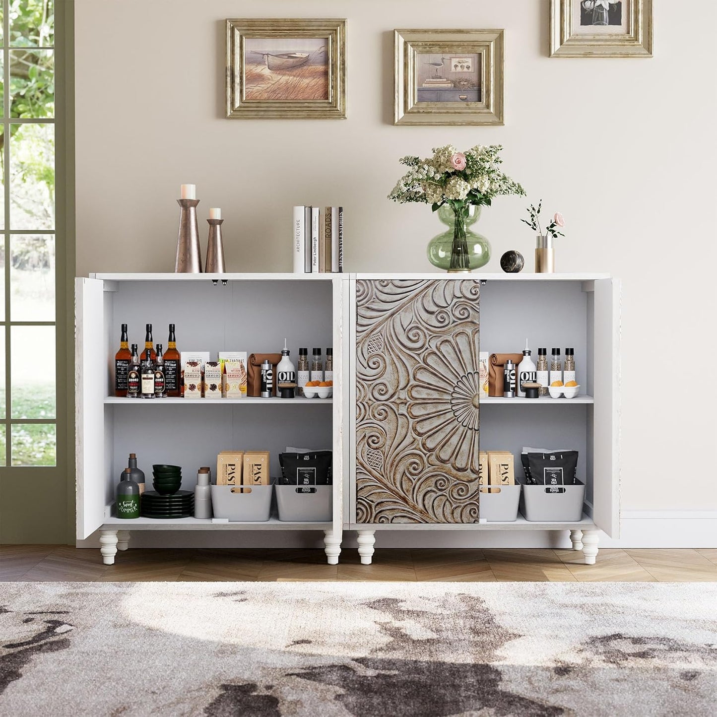 COSIEST Set of 3 32" Buffet Sideboard Cabinets with Storage, Accent Cabinet with Push-to-Open Doors, Vintage Flower Carved Pinewood Doors, Entryway Console for Living Room, Kitchen, Hallway, Gray