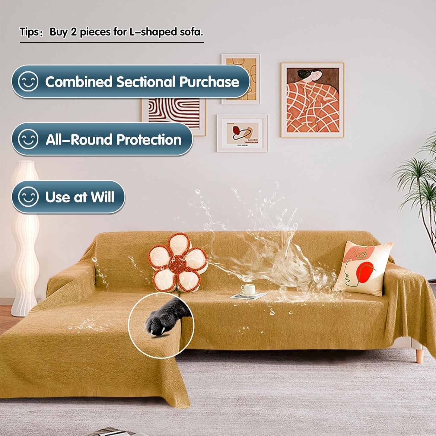 STACYPIK Waterproof Ginger Couch Cover for Sectional, Loveseat Covers, Futon Cover, L Shaped Cover, Anti-Cat Scratch Furniture Protector for 2 Cushion Couch，Washable Pets Protector Sofa Cover-71X71IN