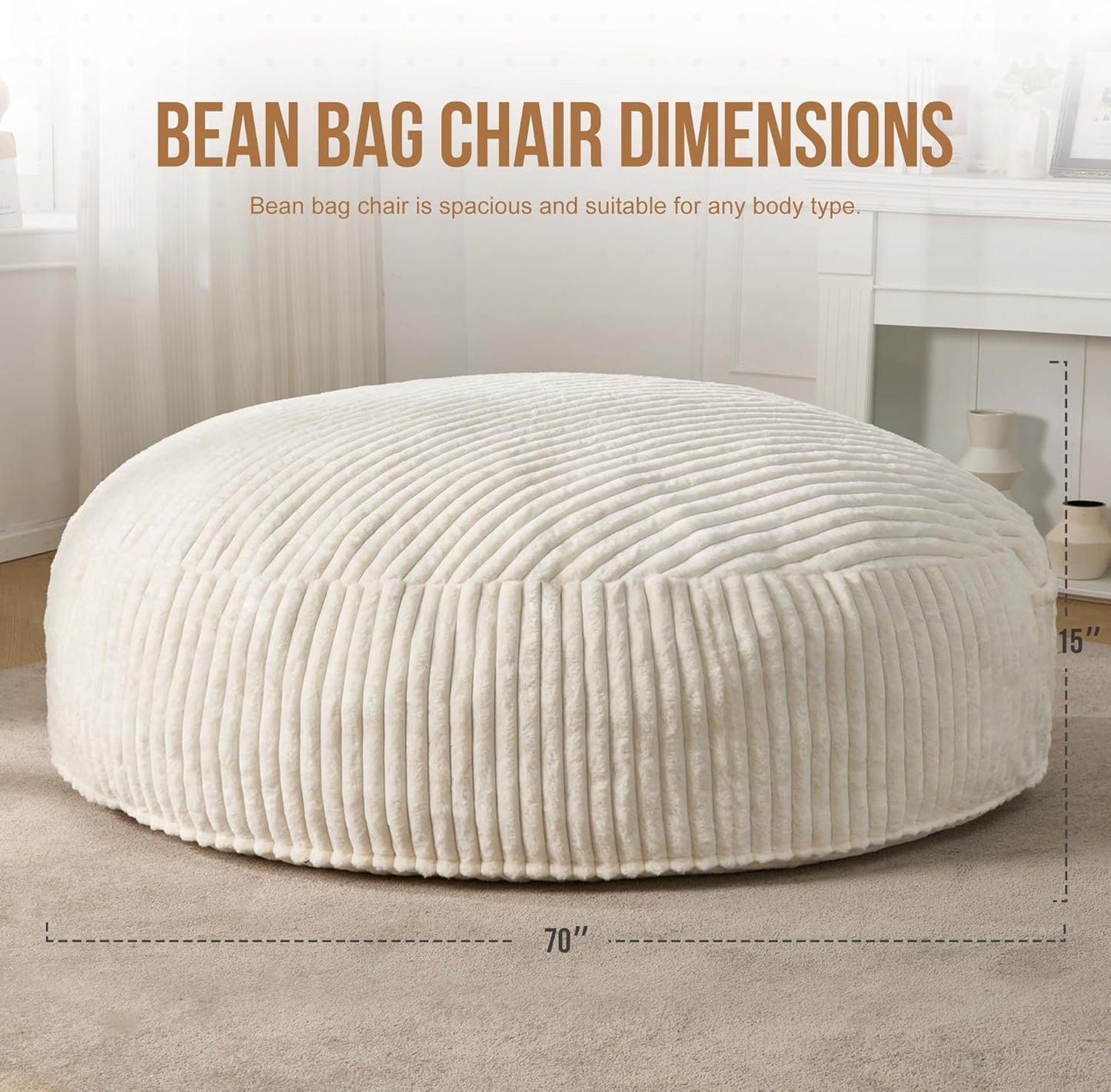 Hobestluk 6ft Bean Bag Chairs for Adults Large Beanbag Chair with Stripe Plush Cover Big Bean Bag Chair for Living Room Bedroom Dorm Office - White (70" x 70" x 15")