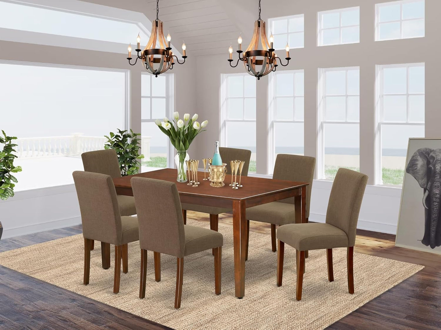 East West Furniture CAAB7-MAH-18 7 Piece Modern Dining Table Set Consist of a Rectangle Wooden Table and 6 Coffee Linen Fabric Upholstered Chairs, 36x60 Inch, Mahogany