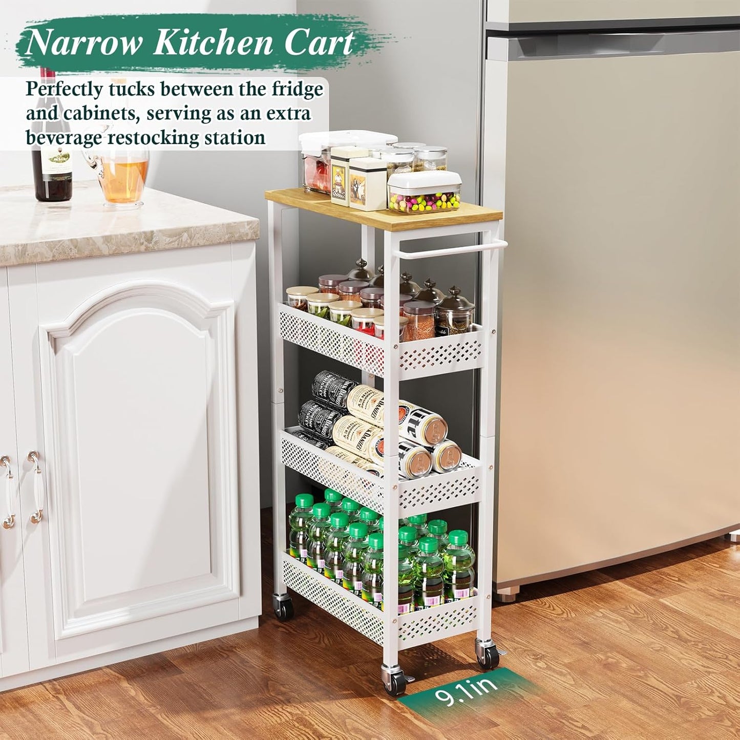 Utility Slim Storage Cart, 4-Tier Narrow Bathroom Organizers and Storage Cart, Narrow Metal Kitchen Laundry Room Organization Shelf with Wood Top, Slim Rolling Carts with Wheels for Small Space