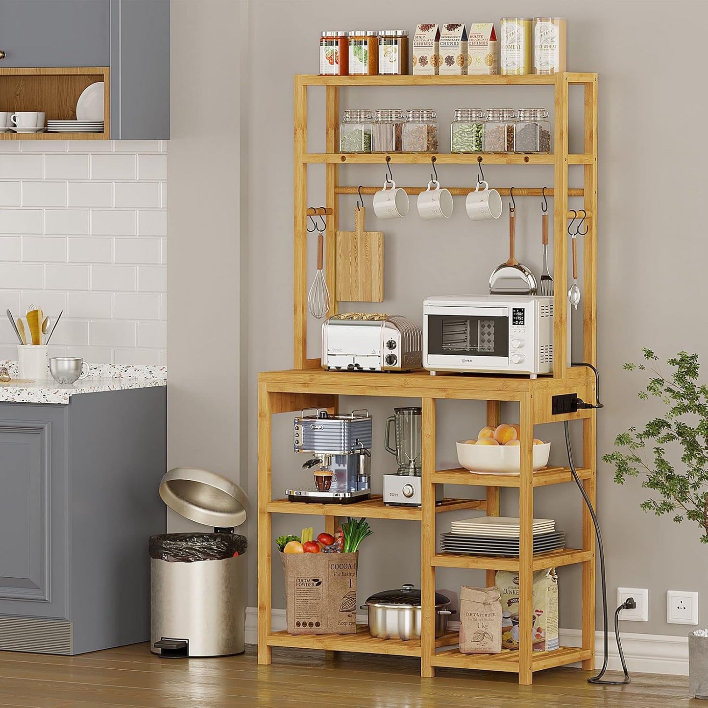 Bakers Rack with Power Outlets, 8-Tier Microwave Stand, Kitchen Utility Storage Shelf 10 S-Shaped Hooks, Coffee Bar Table Station, Standing Rack, 31.5 x 15.7 x 65 Inches, Bamboo
