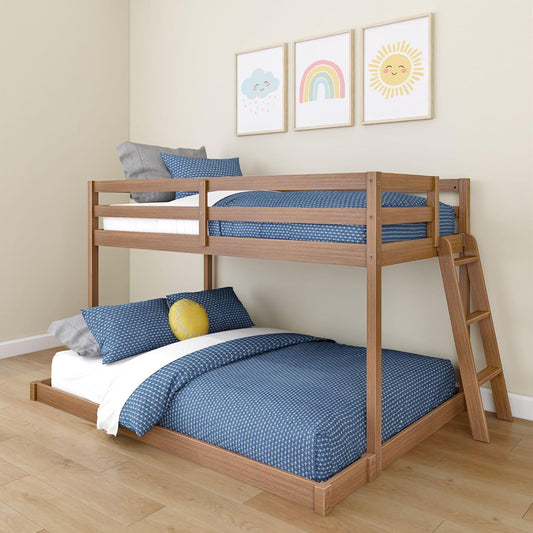 Grain & Grove Bear Twin Over Full Bunk Bed, Low Bunk Bed Frame for Kids, Bunk with Ladder, Guardrail, and Slats, No Box Spring Required, Oak Embossed Pecan