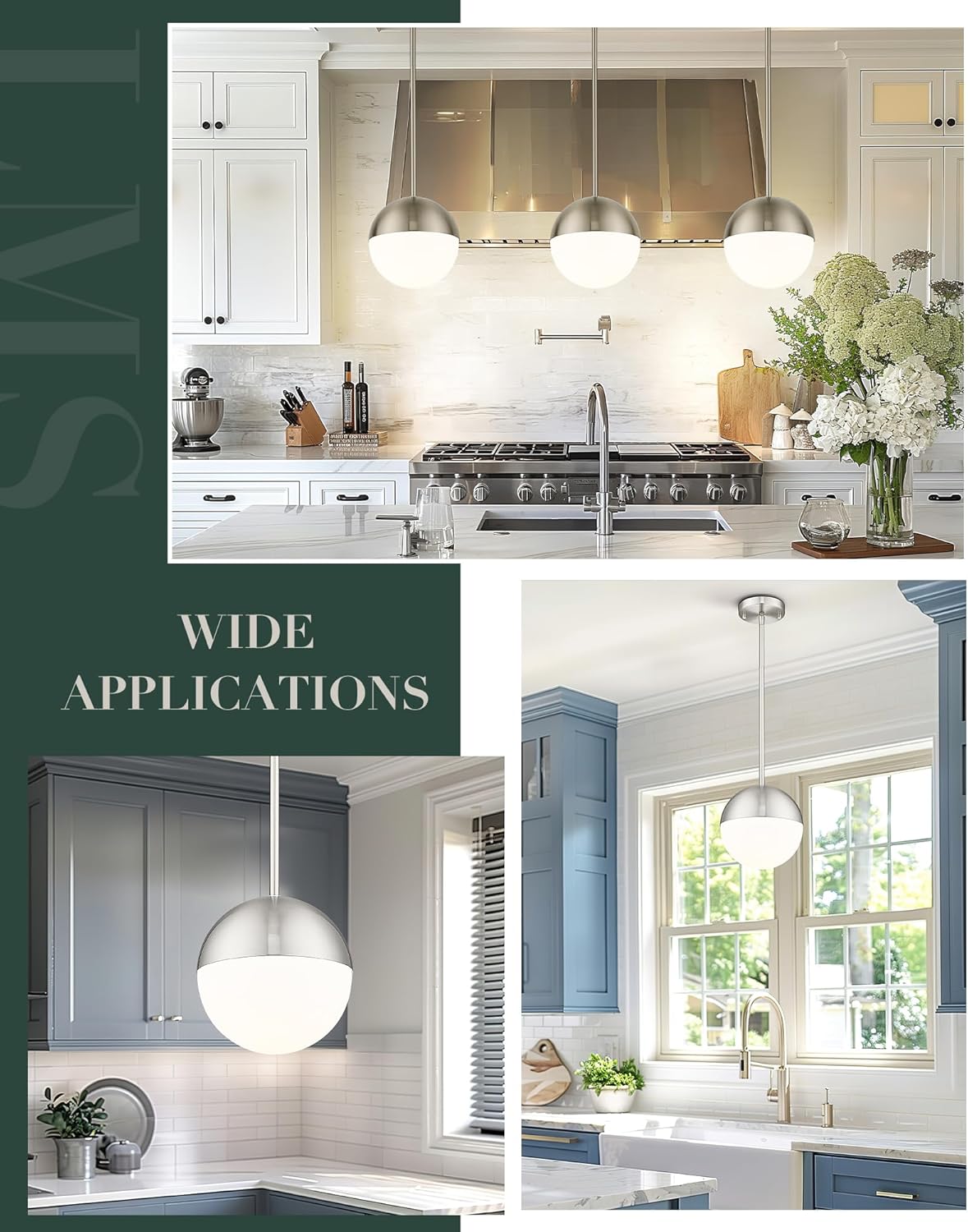 LMS Brushed Nickel Pendant Lights Kitchen Island, 8" Modern Globe Pendant Light Fixtures with Milk White Glass, Adjustable Hanging Lighting for Kitchen Island Sink Bedroom Bathroom, LMS-203