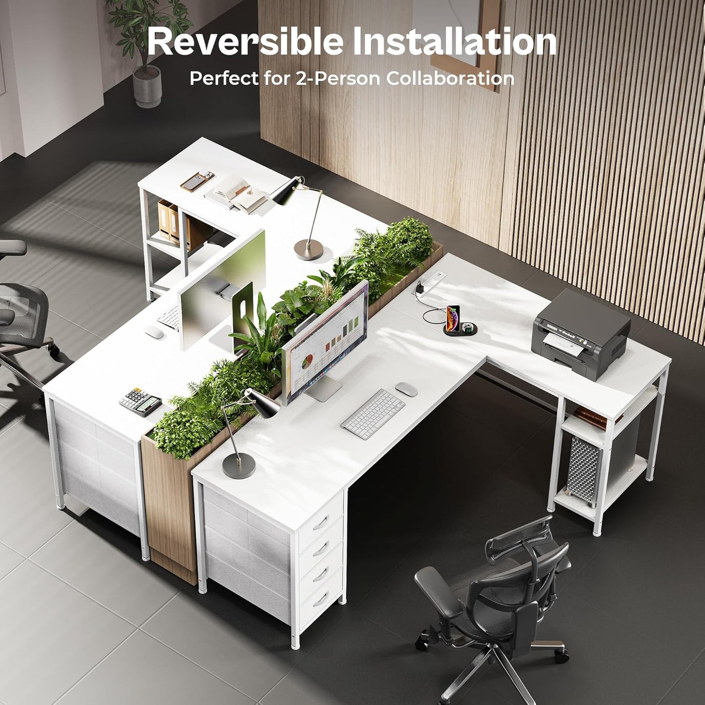 Huuger 63 Inch L Shaped Desk with Fabric Drawers, Reversible Computer Gaming Desk with Power Outlets and USB-C Port, Adjustable Side Storage Shelves, for Work Study Corner Home Office, White