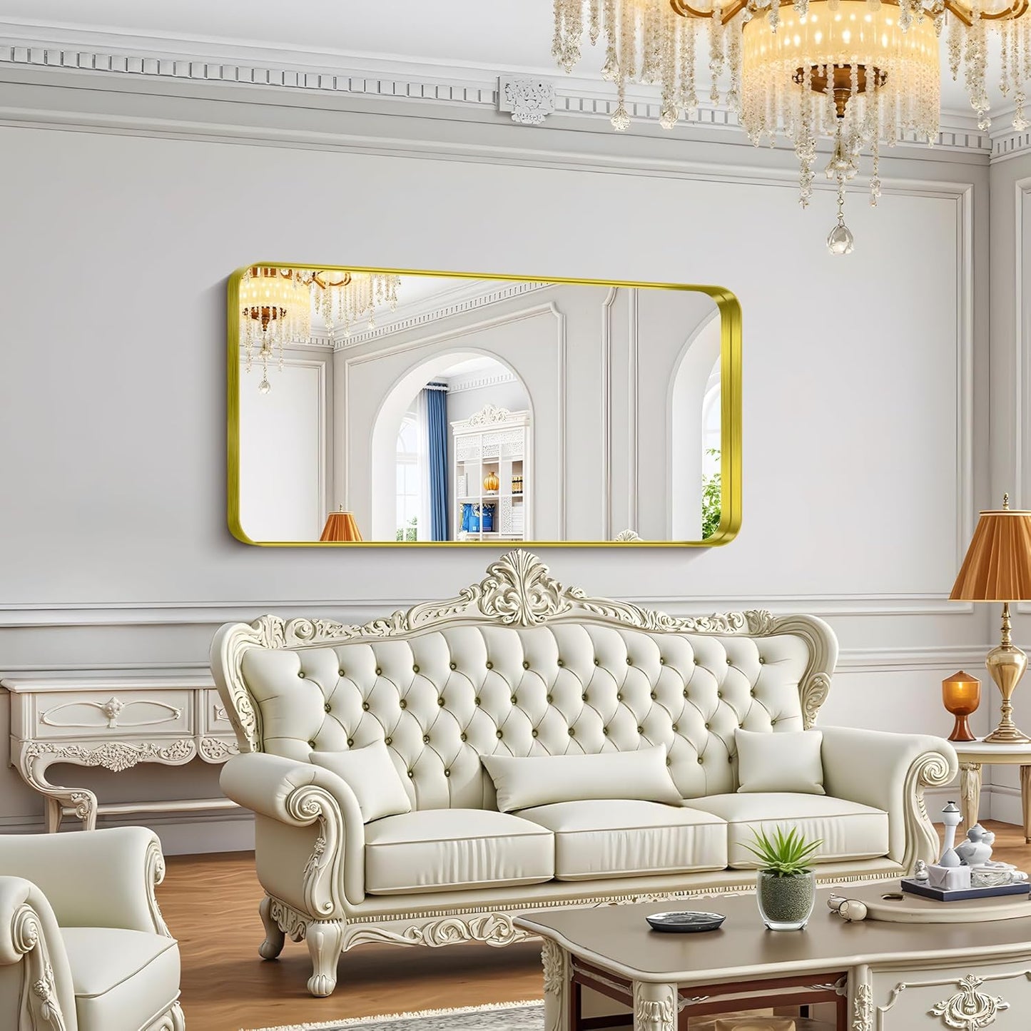 FORBATH 60x30 Inch Large Bathroom Mirror for Double Sinks, Brushed Gold Deep Frame Wall Mirror with Rounded Corners, Anti-Rust Tempered Glass for Modern Farmhouse Vanity (Horizontal/Vertical)