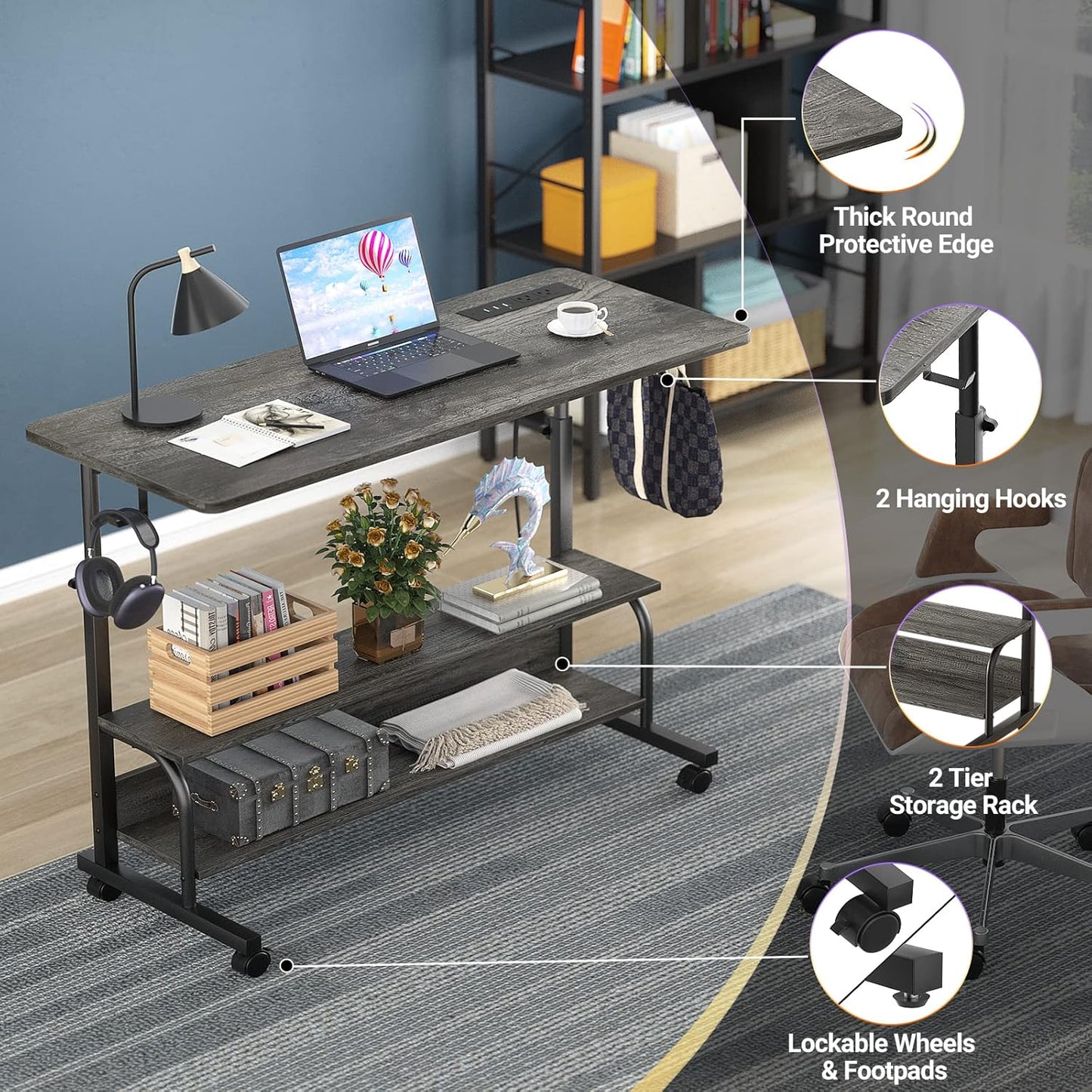 Height Adjustable Standing Desk with Power Outlets, 39" Manual Stand Up Desk with Storage Shelves Small Mobile Rolling Computer Desk Portable Laptop Table with Wheels for Home Office, Grey Oak
