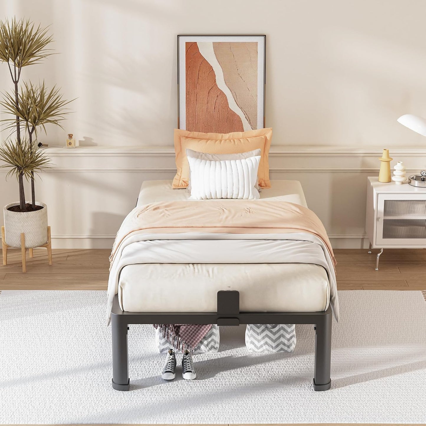 FUIOBYVV 12 Inch Twin Bed Frame with Rounded Corner and Headboard Hole Mattress Retainers 3500 LBS Metal Heavy Duty Steel Slats Support No Box Spring Needed Platform Noise Free Easy Assembly