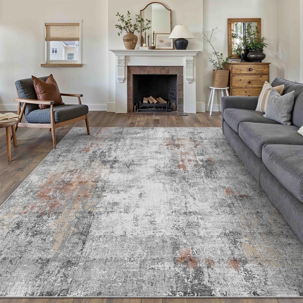 8x10 Washable Area Rug Grey Rust Modern Neutral Abstract Living Room Bedroom Indoor Floor Carpet Low Pile Soft Non-Slip Lightweight Vacuumable Large Throw Rug for Kitchen Dining Room