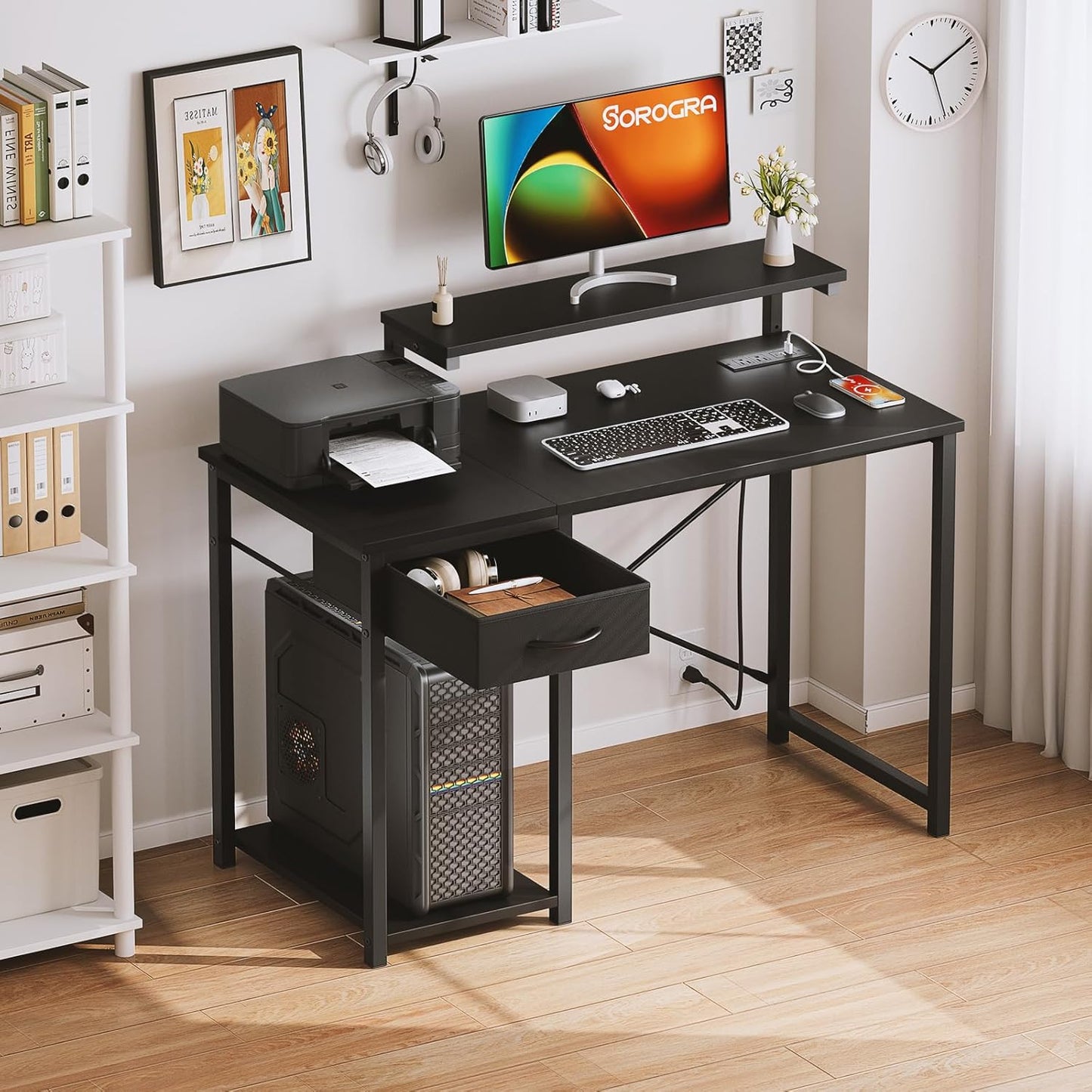 Computer Desk with Adjustable Monitor Stand, 47.2 in Small Desk with Reversible Storage Shelves, Office Desk with Spacious Desktop Spaces for Home Bedroom Workstation, Black