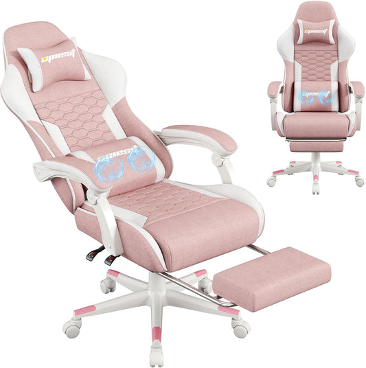 Gaming Chair, Computer Chairs for Adults with Lumbar Support and Massager, Comfortable Gamer Chair with Footrest & Pocket Spring Cushion, Ergonomic Home Office Chair, Pink, Fabric