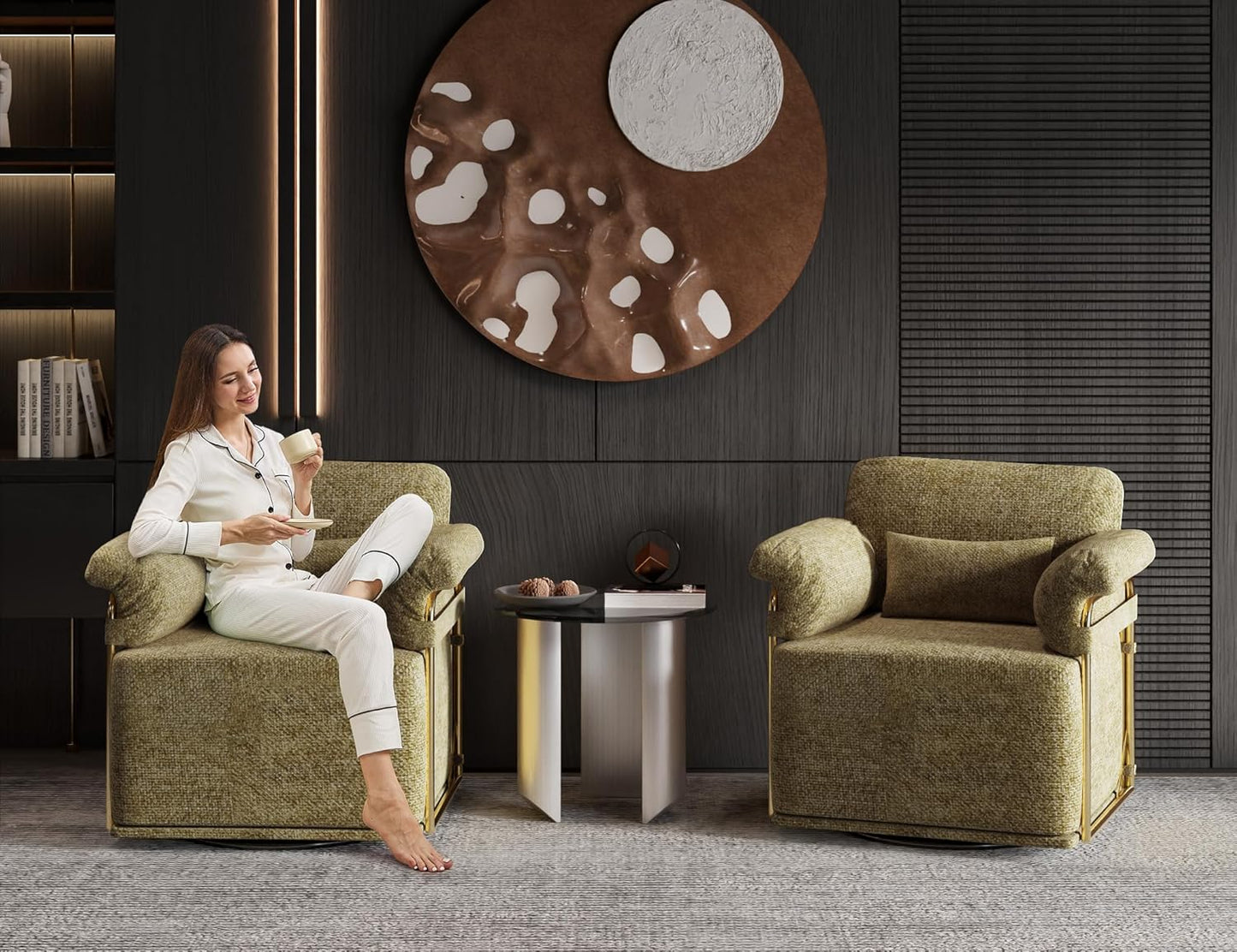 KEIKI Modern Comfy Swivel Accent Reading Chair with Waist Pillows, 360°Square Upholstered Barrel Armchair Single Club Lounge Sofa Chairs for Living Room,Bedroom,Office,Brown