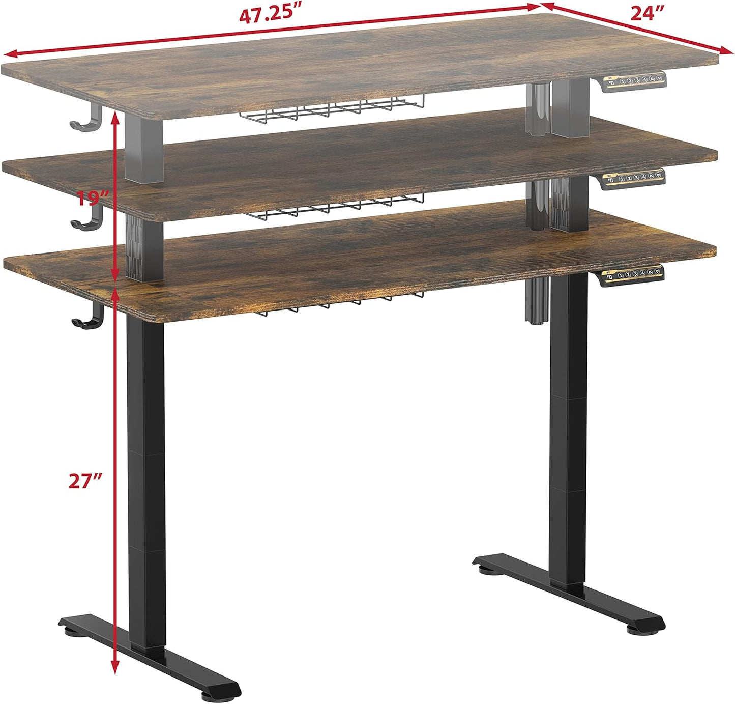 SHW 48-Inch Electric Height Adjustable Sit to Stand Desk with Hanging Hooks and Cable Management, Black Frame and Rustic Brown Top