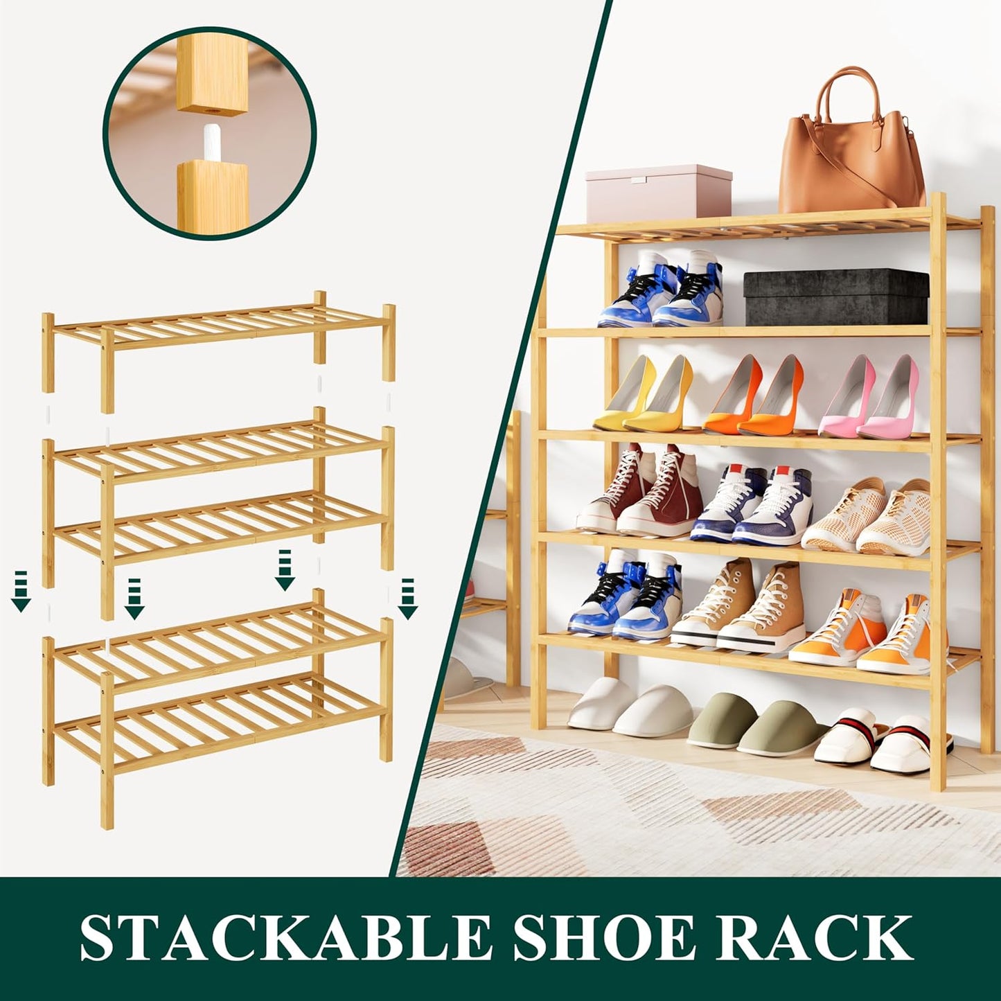 Smiry Shoe Rack, 2 Tier Bamboo Shoe Organizer, Stackable Free Standing Wooden Shoe Storage Shelf for Closet, Entryway, Front Door Entrance, Natural