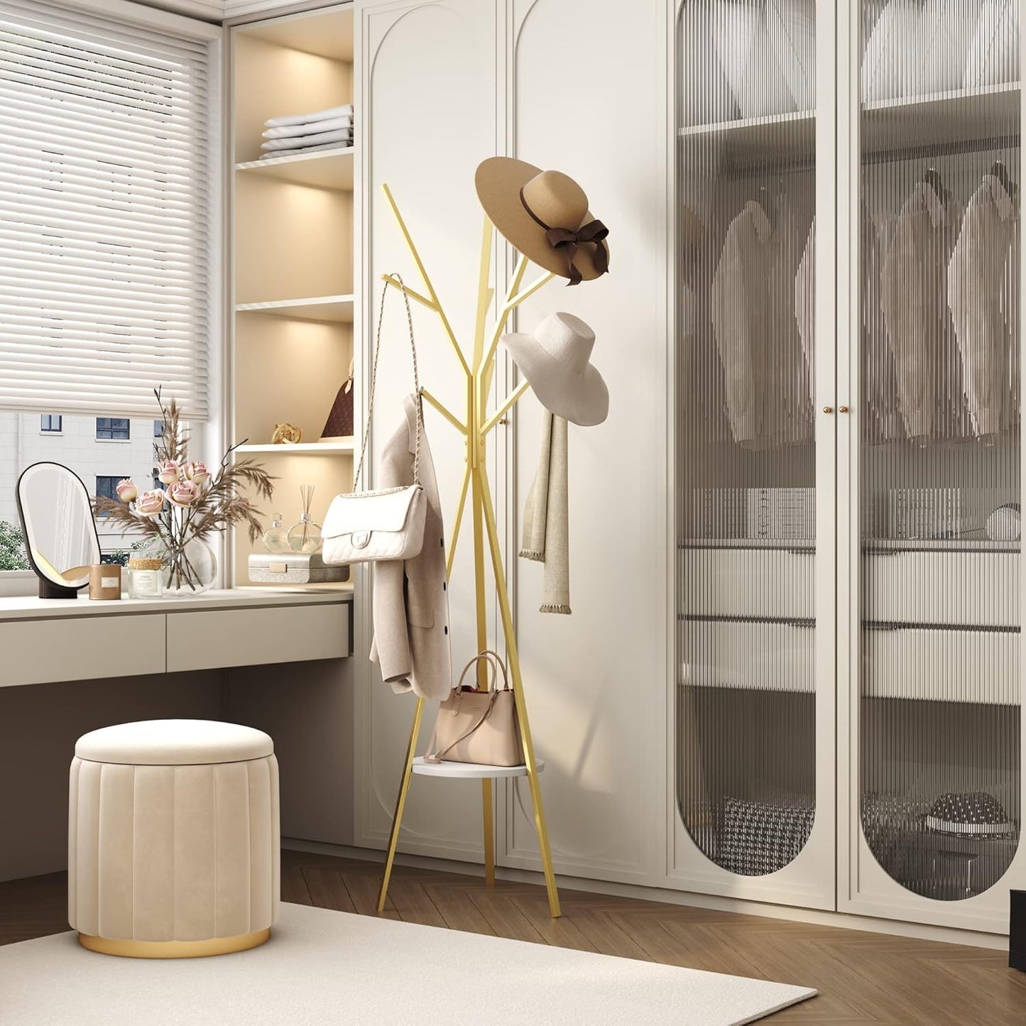 Coat Rack Hat Stand Free Standing Display Hall Tree Metal Hat Hanger Garment Storage Holder with 9 Hooks for Clothes Hats and Scarves in Gold,17.72"Wx17.72"Dx70.87"