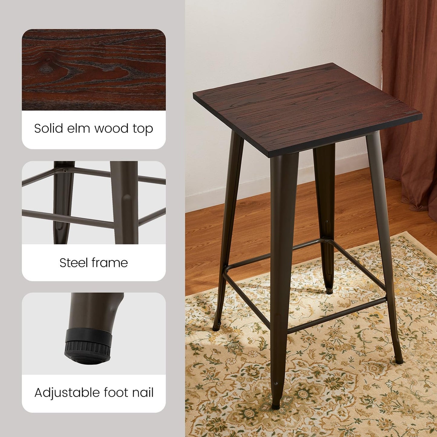 Glitzhome 41.25" H Modern Style Square High Heavy-Duty Metal Bar Table with Wooden Top Sturdy Frame Bistro Pub Table