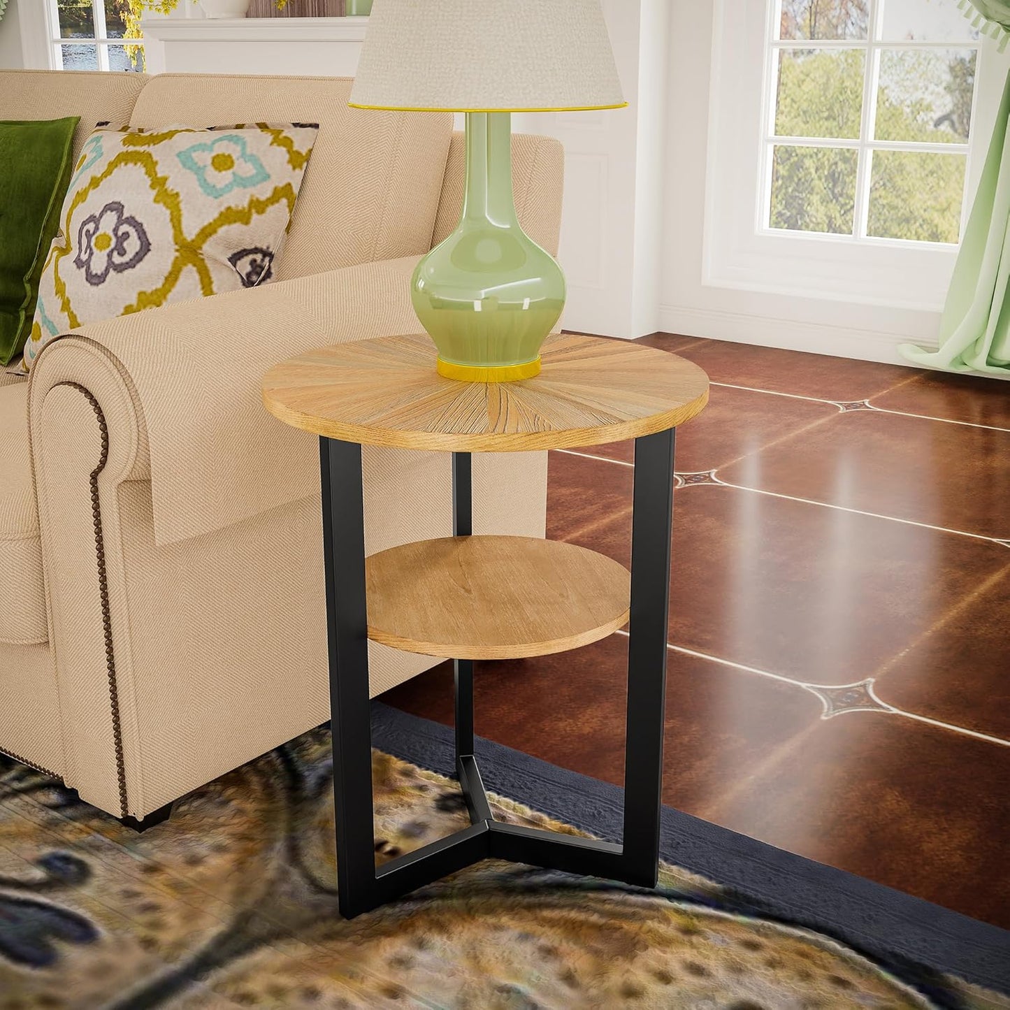 MODERION Round End Table with Storage, Solid Wood & Black Metal Frame, 19.3"L x 19.3"W x 24"H, Natural Wood & Black, 130 lbs Capacity