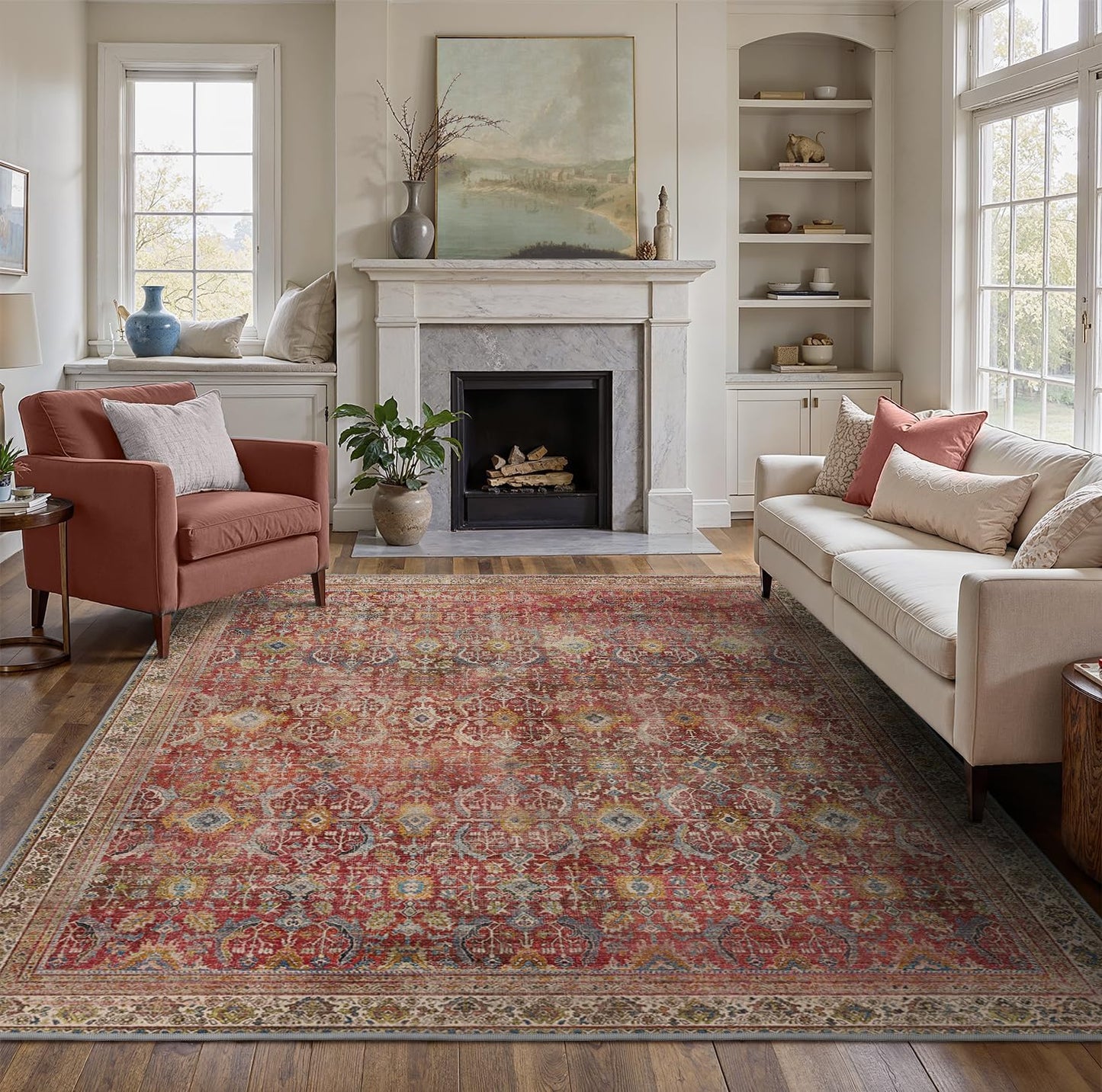 9X12 Area Rugs Machine Washable Rugs for Living Room, Vintage Boho Large Rugs for Bedroom Dining Room, Non Slip Indoor Soft Distressed Lightweight Thin Low Pile Carpet, Rust Red