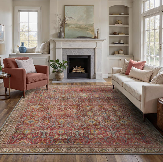 8X10 Area Rugs Machine Washable Rugs for Living Room, Vintage Boho Large Rugs for Bedroom Dining Room, Non Slip Indoor Soft Distressed Lightweight Thin Low Pile Carpet, Rust Red