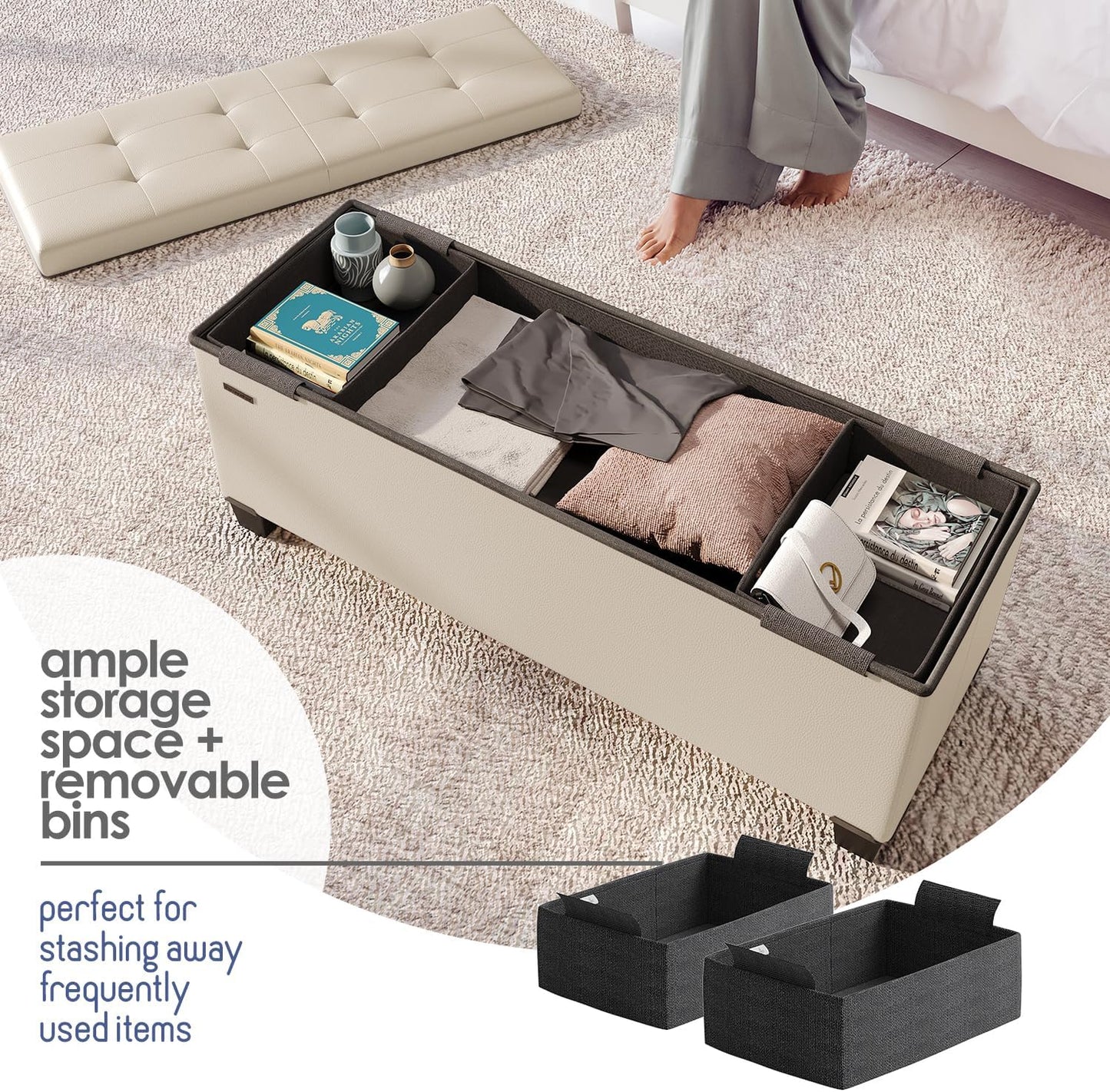 STORAGEBUD Storage Ottoman Bench with Bins, 43-in Storage Bench for Bedroom End of Bed, Folding Foot Rest Ottoman for Living Room Max 660lbs, Faux Leather Ottomans, Beige